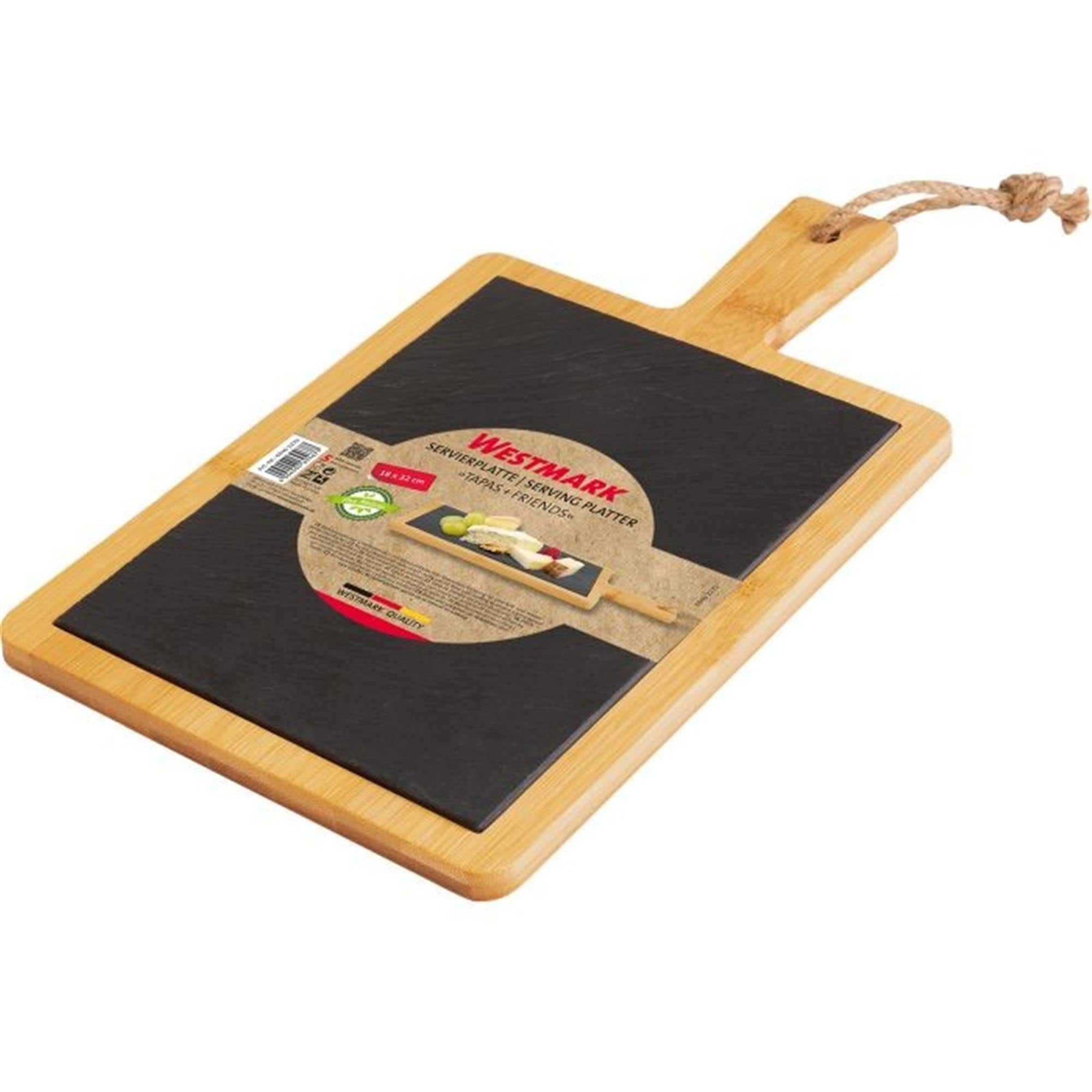 Elegante Servierplatte aus Schiefer und Bambus, ideal für Tapas und Snacks. Masse: 32x18 cm. Perfekt für stilvolles Anrichten.