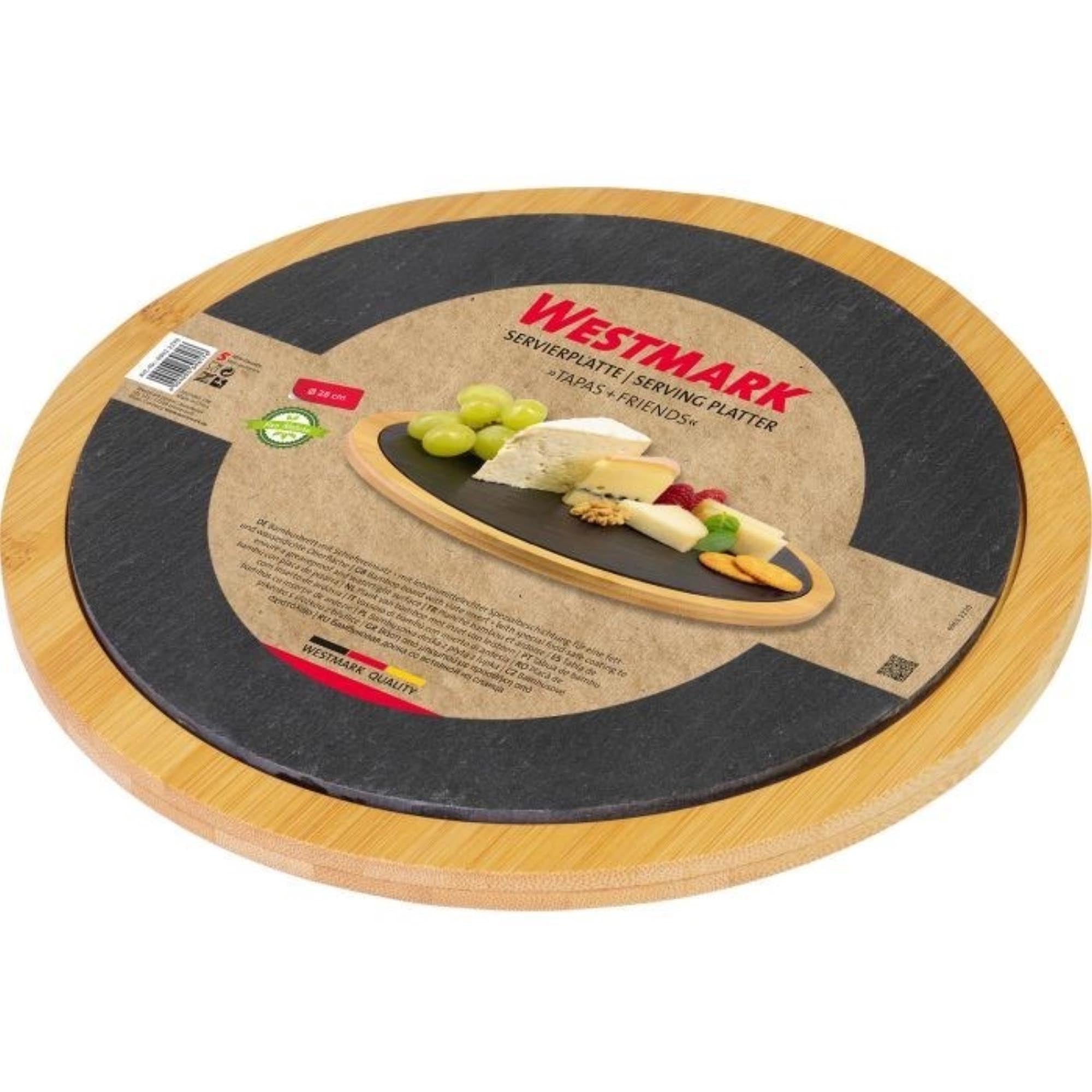 Runde Servierplatte aus Schiefer und Bambus, 28 cm Durchmesser, perfekt für Tapas und Snacks, stilvoll und funktional für jeden Anlass.