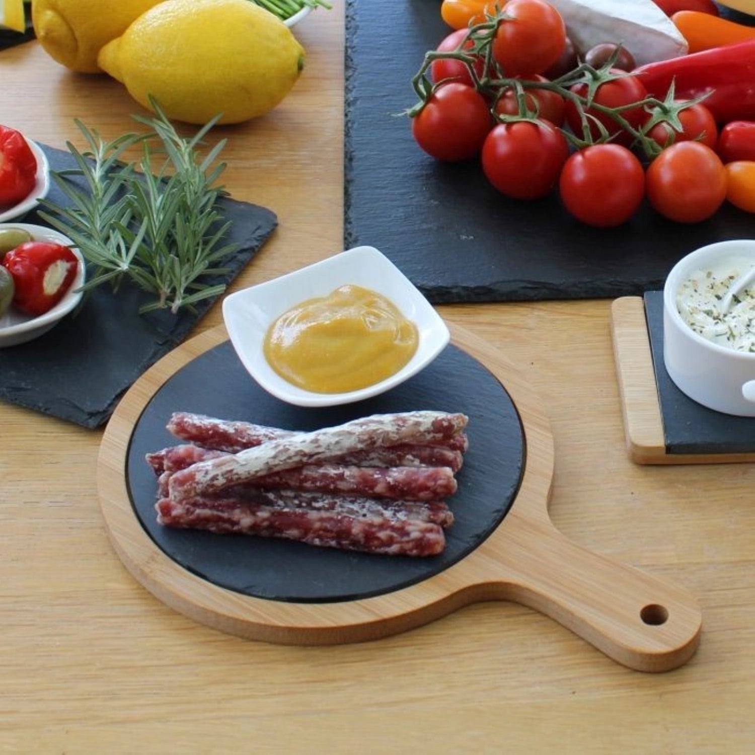 Servierplatte Tapas u. Friends, Schiefer in Bambus, 25x17 ,s