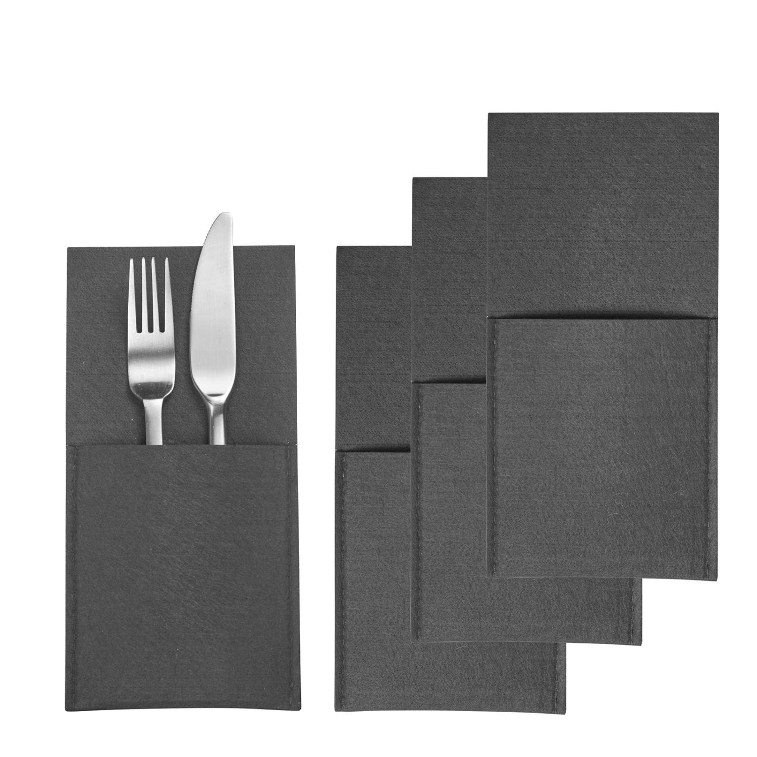 Elegantes 4er Set Bestecktaschen Cozy in Anthrazit aus strapazierfähigem Polyester, perfekt für festliche Tischdekorationen und den täglichen Gebrauch.