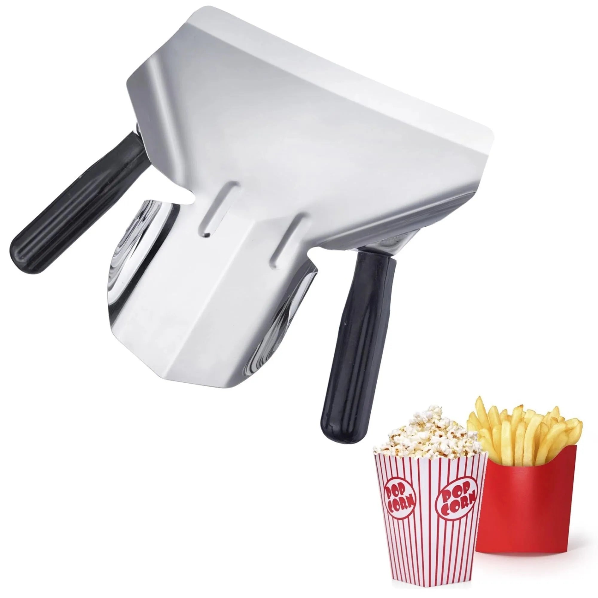 Praktische Popcorn- & Pommes-Schaufel aus Edelstahl, robust, hygienisch, ergonomisch, spülmaschinenfest, ideal für Snacks.