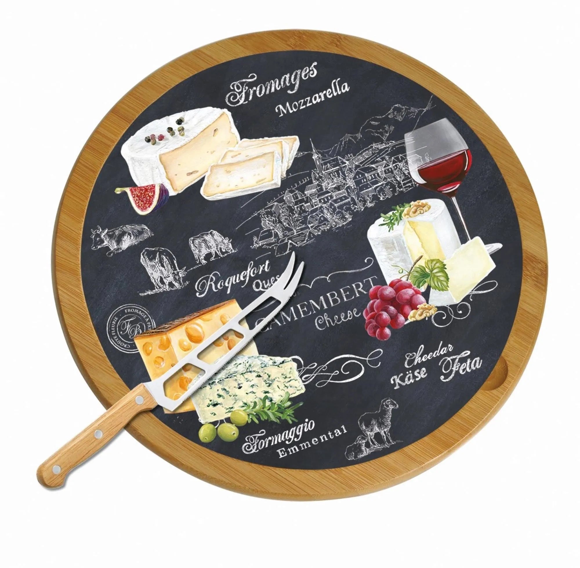 World of Cheese Serviertablett drehbar+Messer, Bambus, D32cm - KAQTU Design