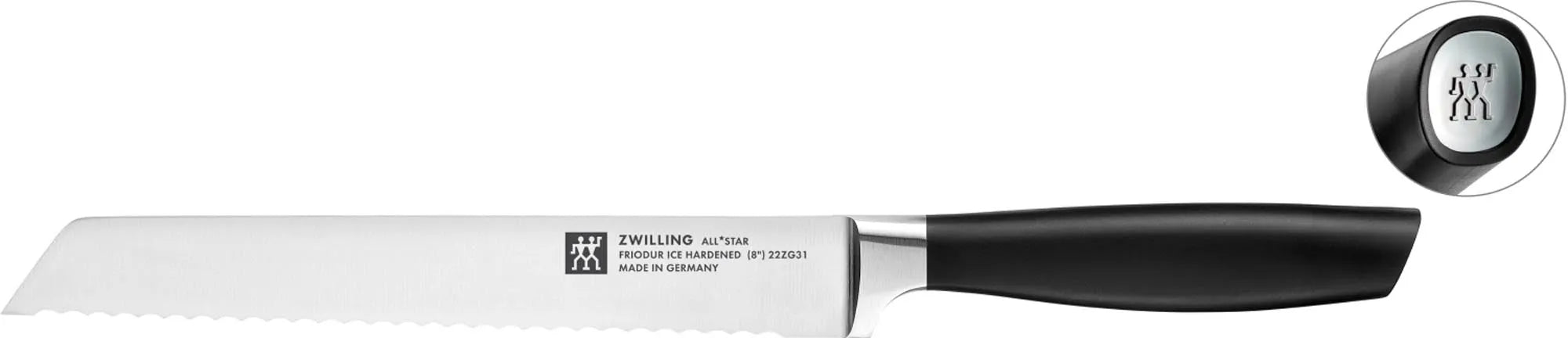 Das All Star Brotmesser 200 von Zwilling: 20 cm gezahnte Klinge, ergonomischer Griff, chrome-silber, ideal für Brot und Backwaren.