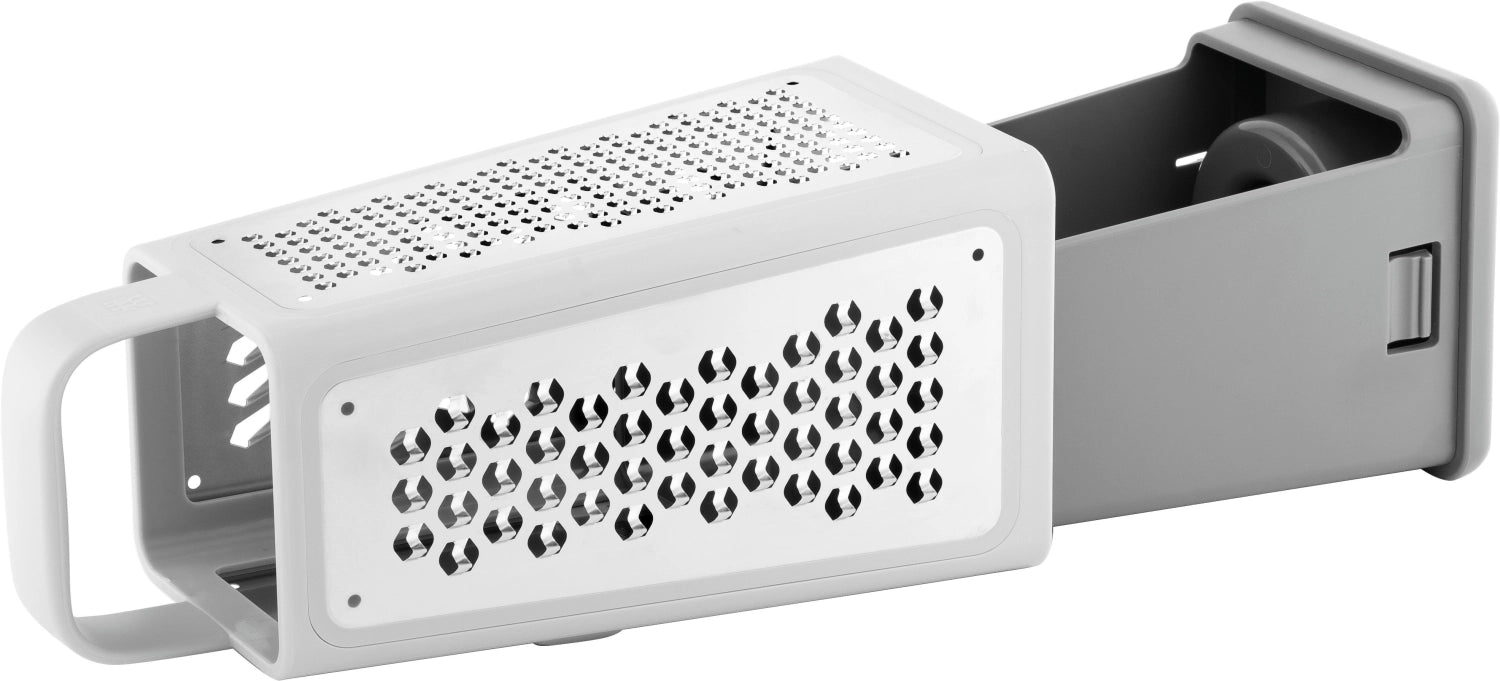 Vielseitige Zwilling Z-Cut Vierkantreibe in stilvollem Grau, ideal zum Reiben, Zerkleinern und Schneiden von Lebensmitteln in der Küche.