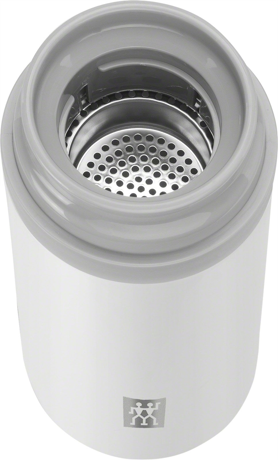 Stilvolle 420 ml Thermo-Flasche von Zwilling: Edelstahl, silber-weiss, mit Teesieb & Fruchtbehälter. Perfekt für Tee & Saft.