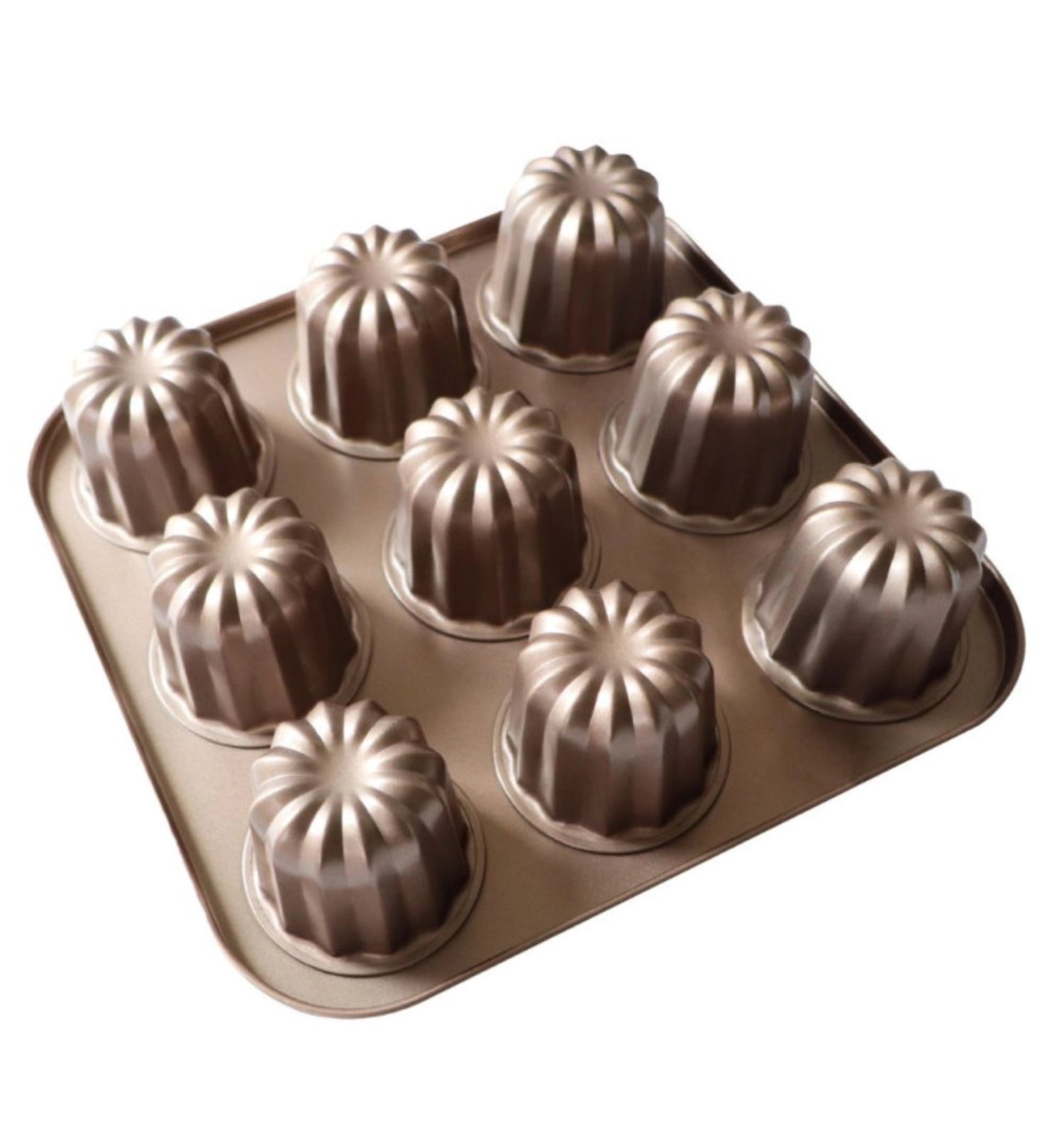 Hochwertige Backform für 9 Cannelés, ideal für perfekte Backergebnisse dank der antihaftenden Beschichtung und einfacher Handhabung.