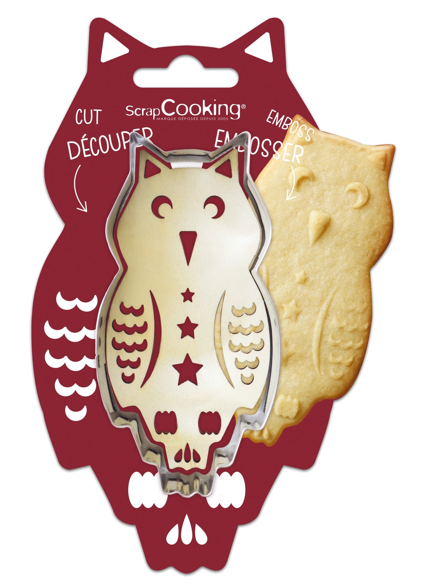 Verspielte Ausstechform und Holzpräger in Eulen-Design von Scrap Cooking, perfekt für kreative Backprojekte und Kinderfeste.