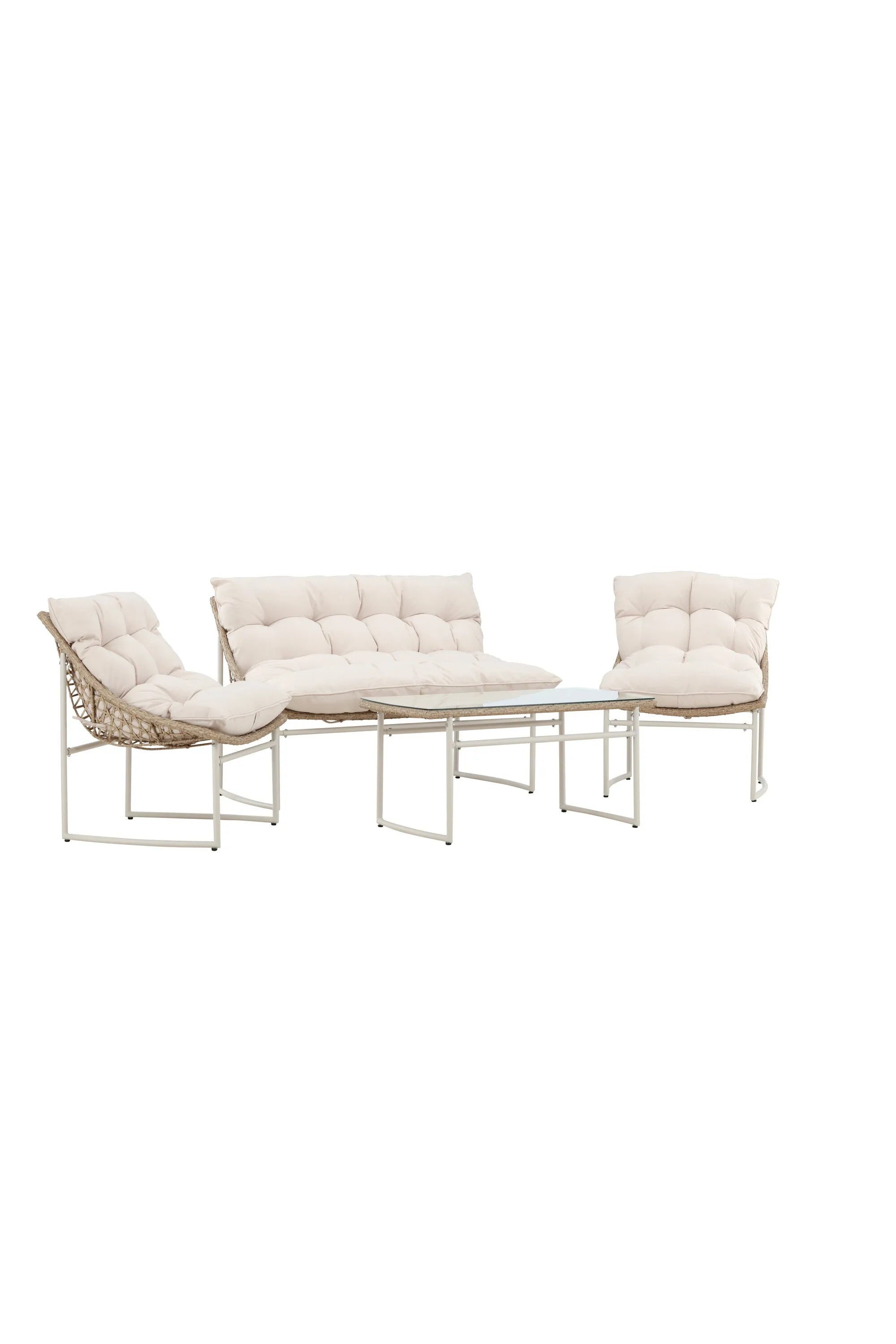 Das Tina Sofa Set von Venture Home verwandelt Ihren Außenbereich in eine stilvolle Oase mit einem robusten Stahlrahmen und eleganten Rattan-Elementen.