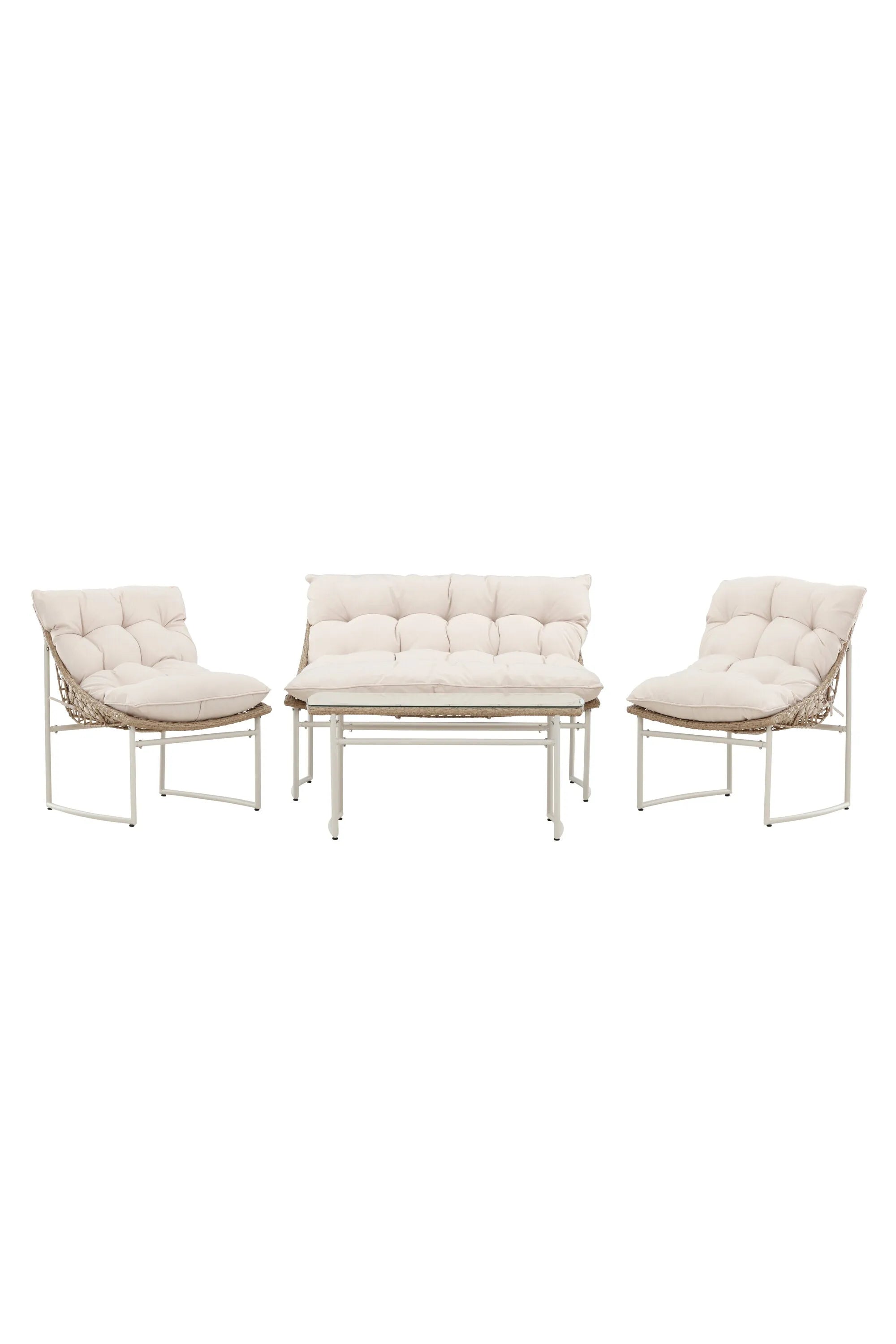 Das Tina Sofa Set von Venture Home verwandelt Ihren Außenbereich in eine stilvolle Oase mit einem robusten Stahlrahmen und eleganten Rattan-Elementen.