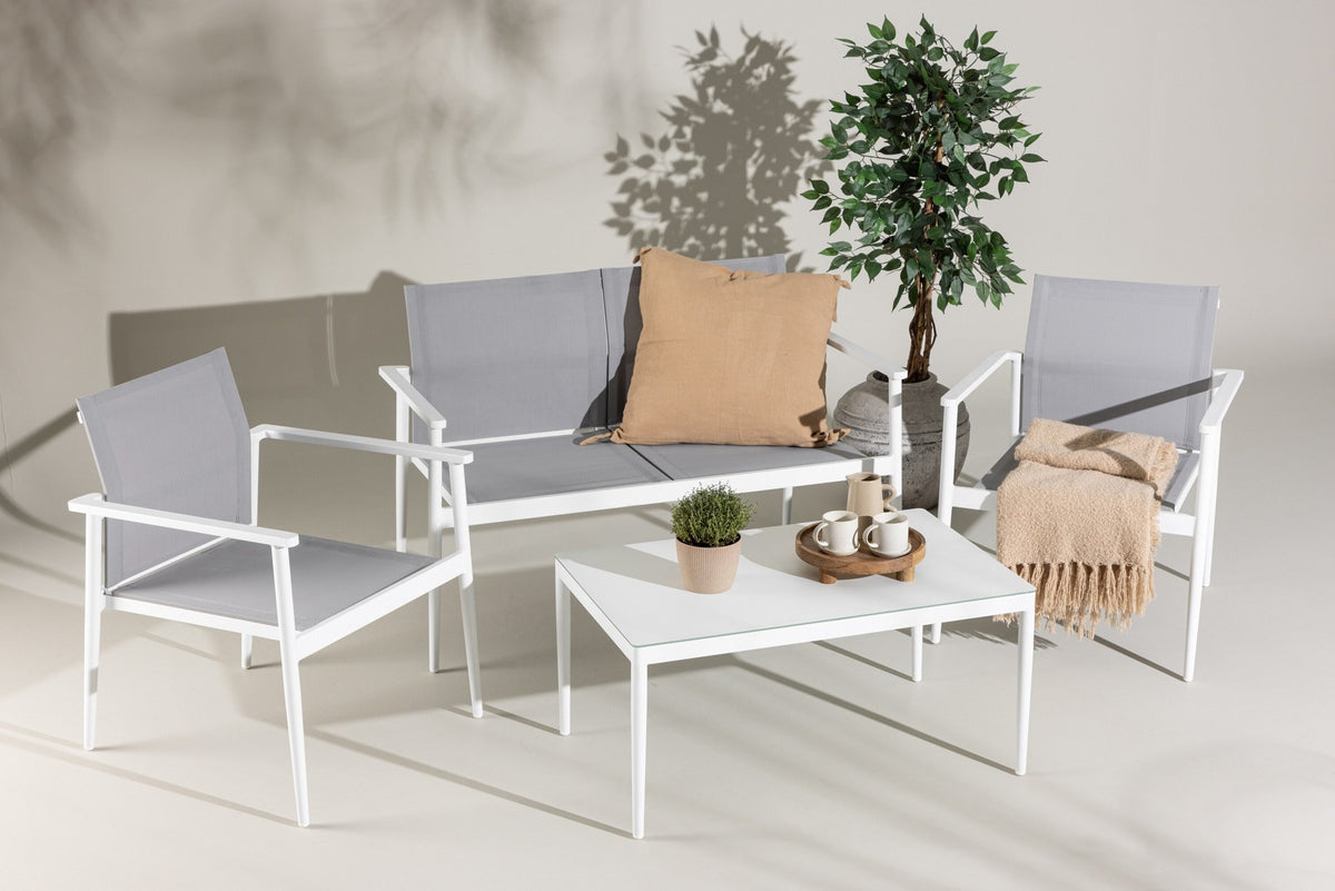 Weisses Break Sofa Outdoorset von Venture Home mit Aluminiumrahmen und grauem Textilene-Bezug, Loungeset für den Aussenbereich