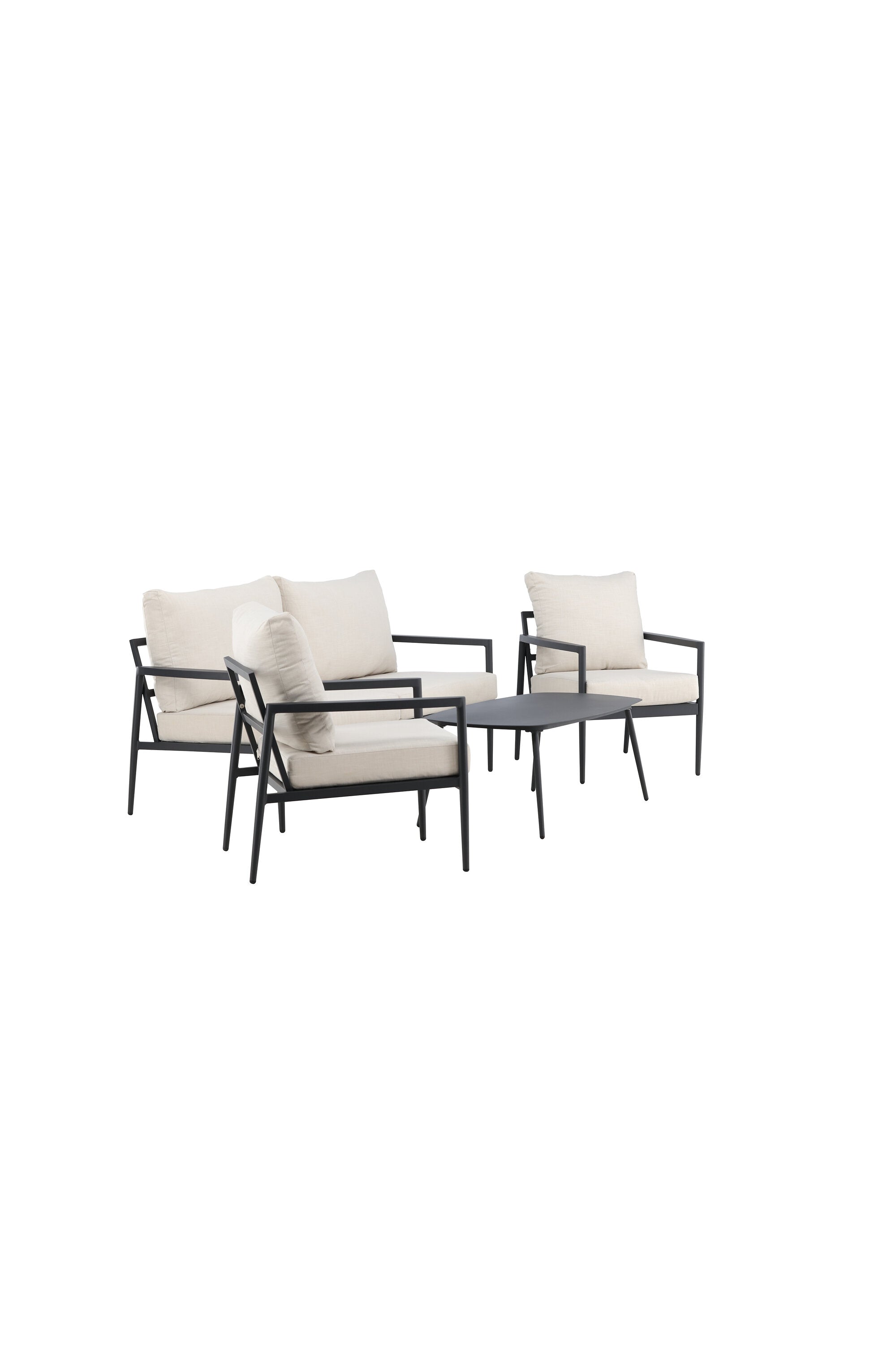 Modernes Loungeset mit schwarzem Aluminiumrahmen und beigen Polstern, perfekt für gemütliche Stunden auf der Terrasse oder im Garten.