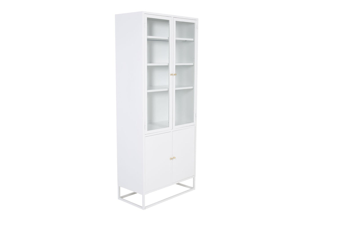 Bakal Cabinet von Venture Home, weisser Schrank aus Stahl mit zwei Glastüren oben und zwei geschlossenen Türen unten.
