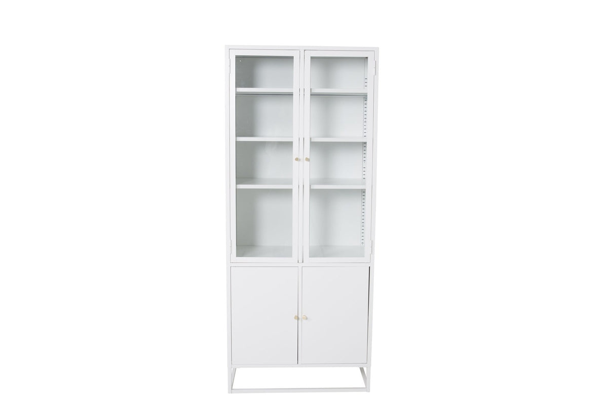 Bakal Cabinet von Venture Home, weisser Schrank aus Stahl mit zwei Glastüren oben und zwei geschlossenen Türen unten.