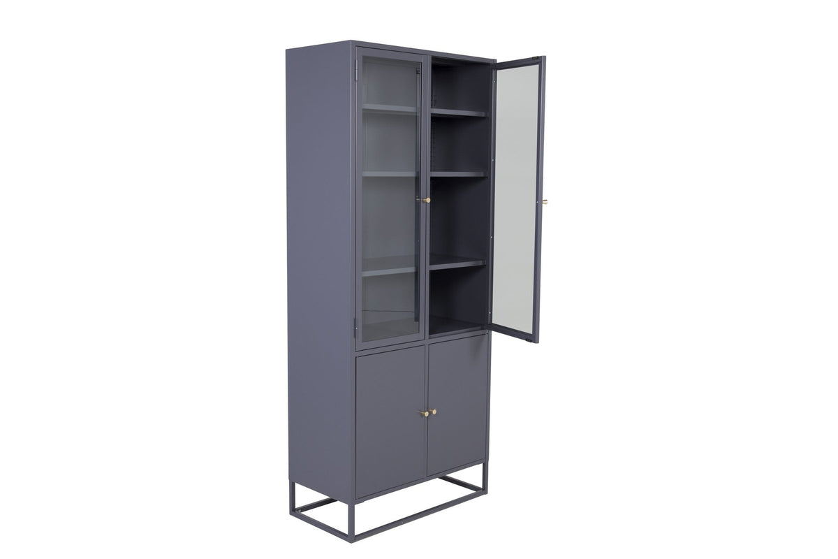 Bakal Cabinet von Venture Home, weisser Schrank aus Stahl mit zwei Glastüren oben und zwei geschlossenen Türen unten.