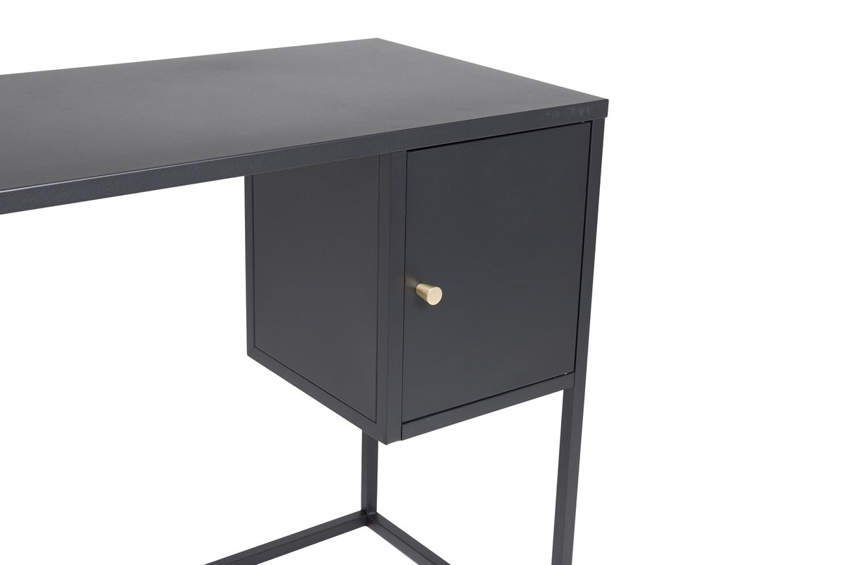 Schwarzer Schreibtisch Bakal Desk aus Stahl mit seitlichem quadratischem Schrank, Tür mit messingfarbenem Knauf und oberer Ablagefläche.