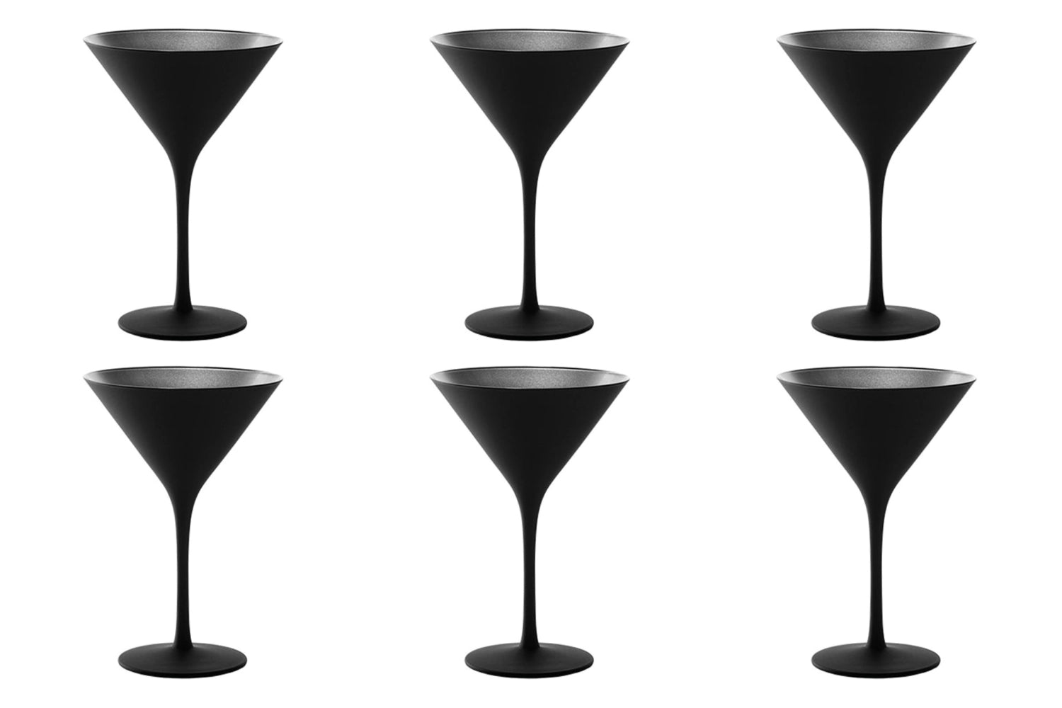 Elegantes 6er Set Cocktailschalen von Stölzle in Schwarz und Silber, ideal für stilvolle Cocktails und besondere Anlässe.