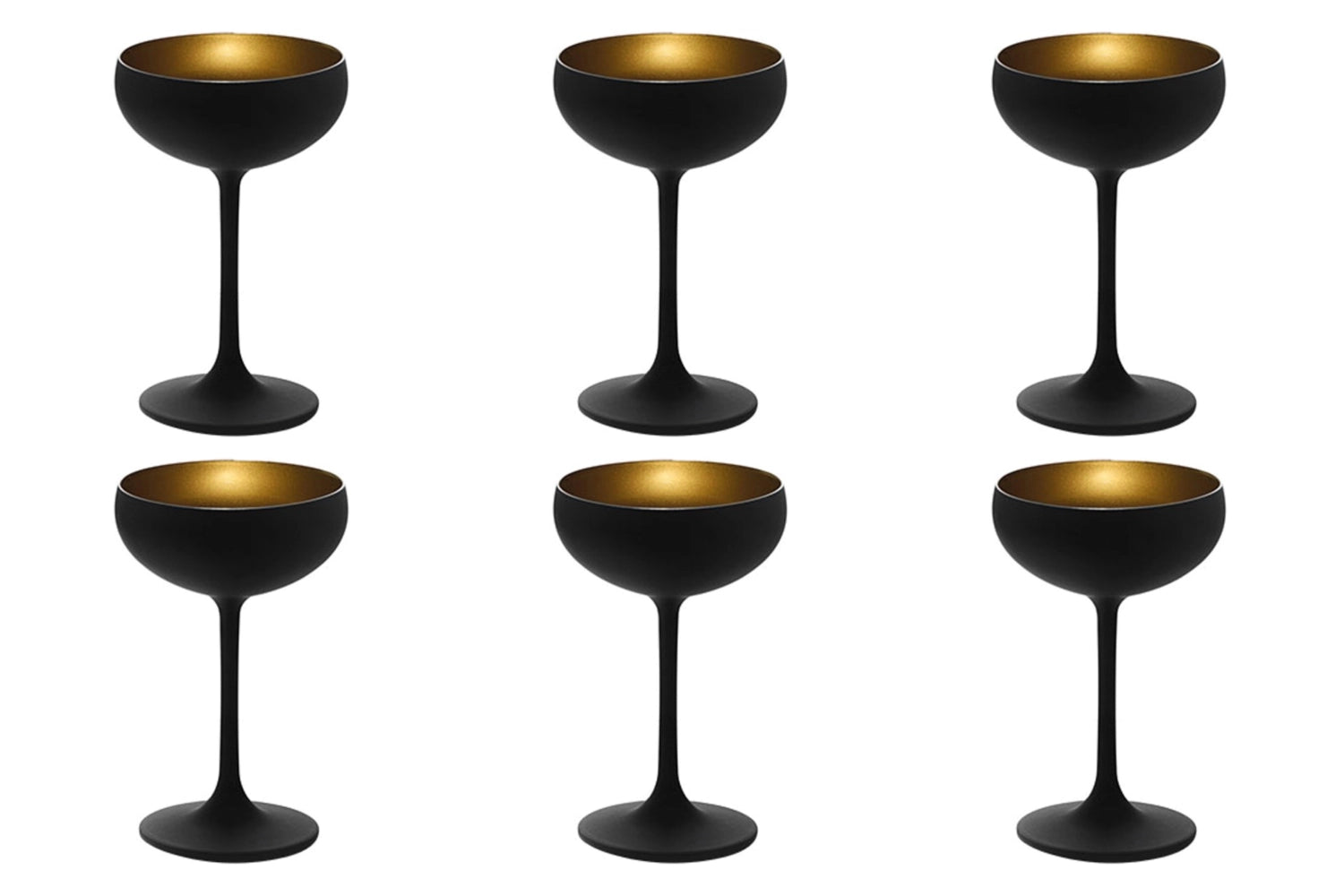 Elegantes 6-teiliges Set von Stölzle: Schwarze Sektschalen mit goldenen Akzenten, ideal für festliche Anlässe und stilvolle Tischdekoration.
