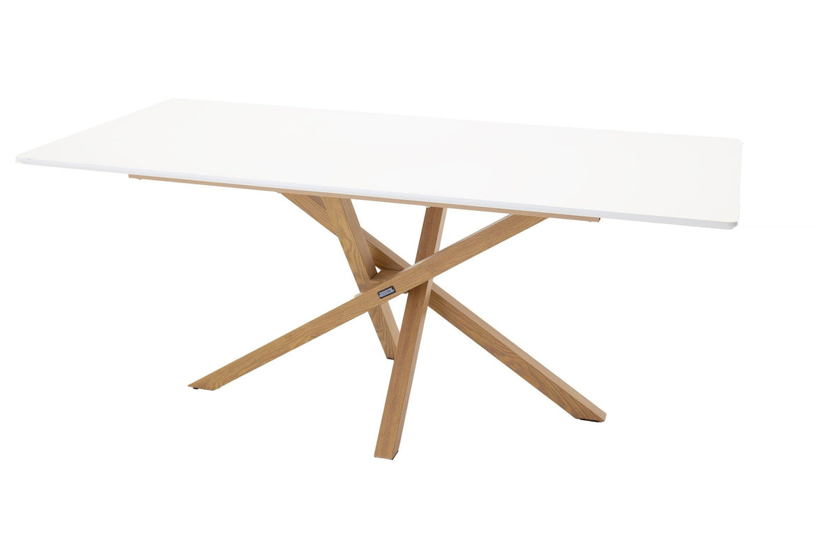 Piazza Esstisch von Venture Home mit weisser MDF-Tischplatte und Gestell aus Stahl in Natur, rechteckige Form, 180 x 90 cm.