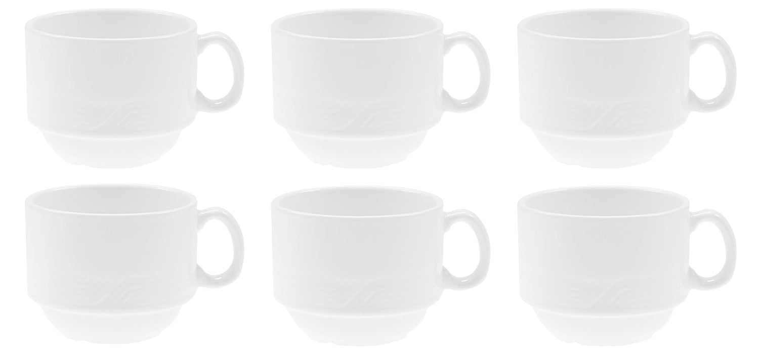 Entdecken Sie das 6er Set flacher Teller (30cm) von Royal Porcelain. Robustes Hartporzellan mit stilvollem Relief, spülmaschinen- und mikrowellenfest.