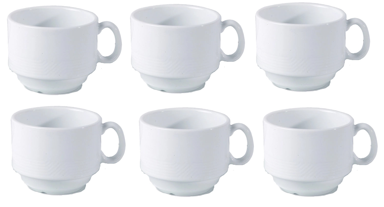 Entdecken Sie das 6er Set flacher Teller (30cm) von Royal Porcelain. Robustes Hartporzellan mit stilvollem Relief, spülmaschinen- und mikrowellenfest.