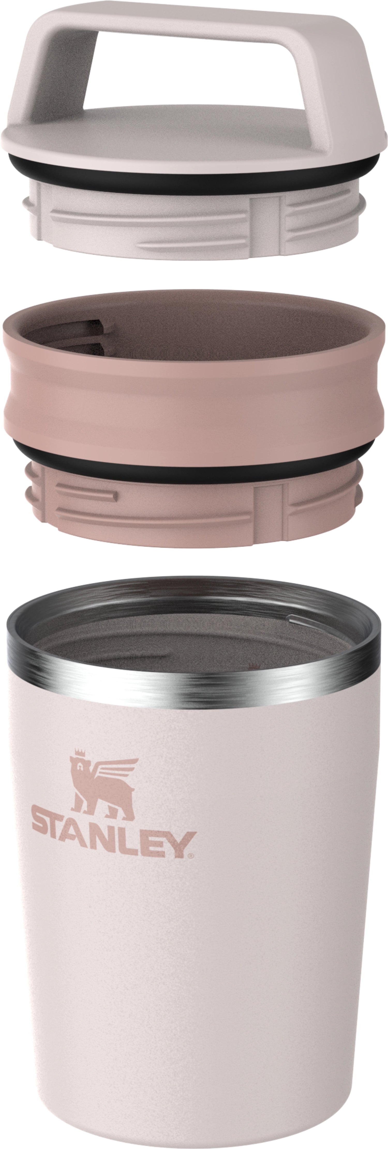 Eleganter Café-To-Go Travel Mug in zartem Rose Quartz, ideal für unterwegs. Perfekt für Kaffee-Liebhaber, die Stil und Funktionalität schätzen.