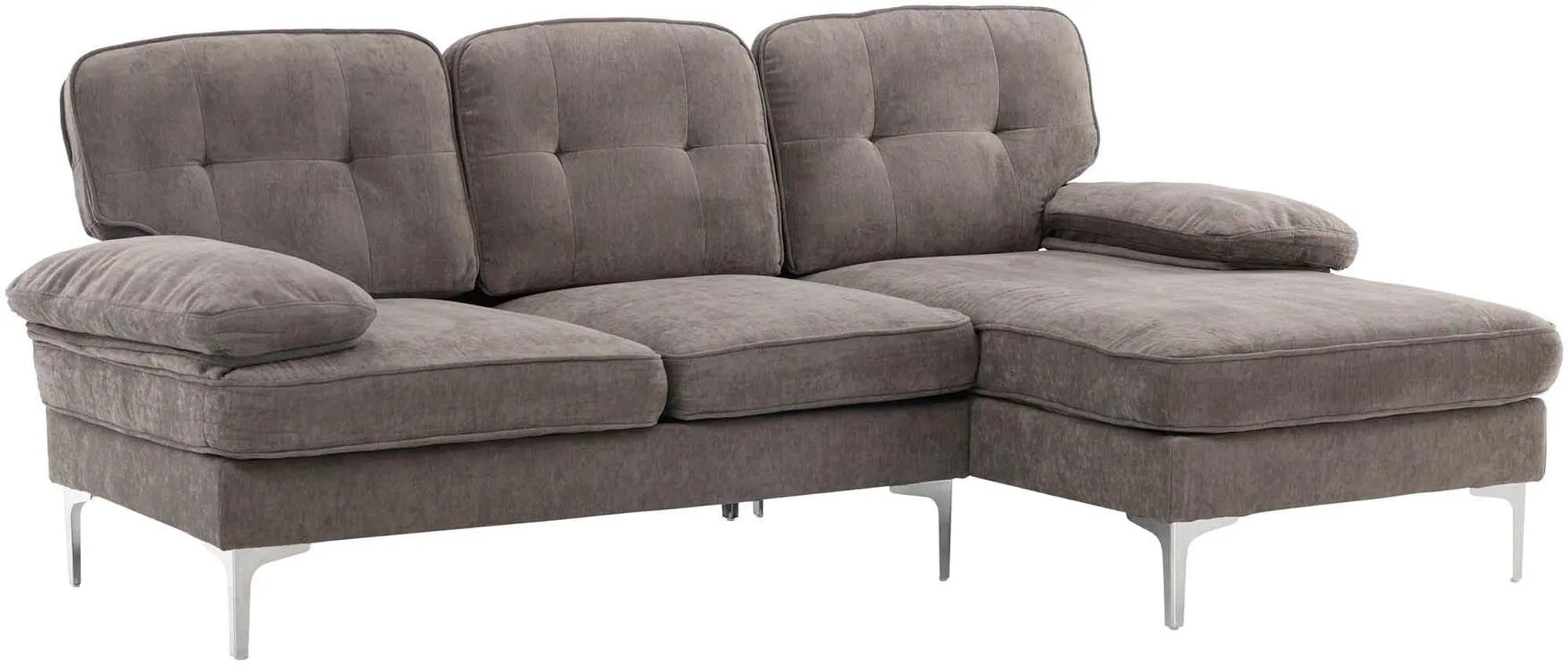 Elegantes Remis 3 Sitzer Sofa in warmem Grau, bietet Komfort mit breiten Armlehnen und tiefen Kissen. Ideal für moderne Wohnzimmer.