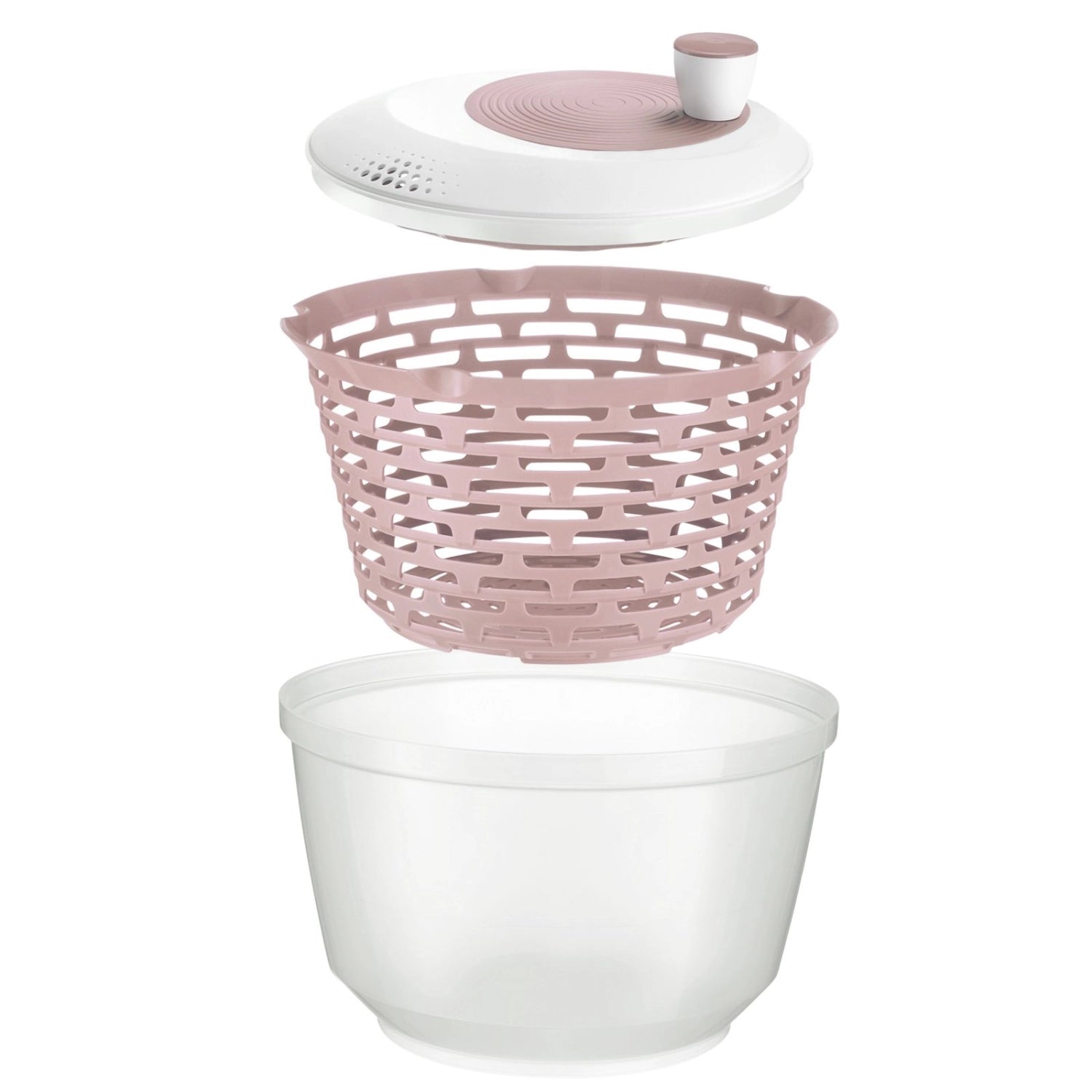 Stylische Salatschleuder in zartem Rosa, 4,4 l Volumen, mit rutschfester Unterlage für einfaches und sicheres Trocknen von Salat.