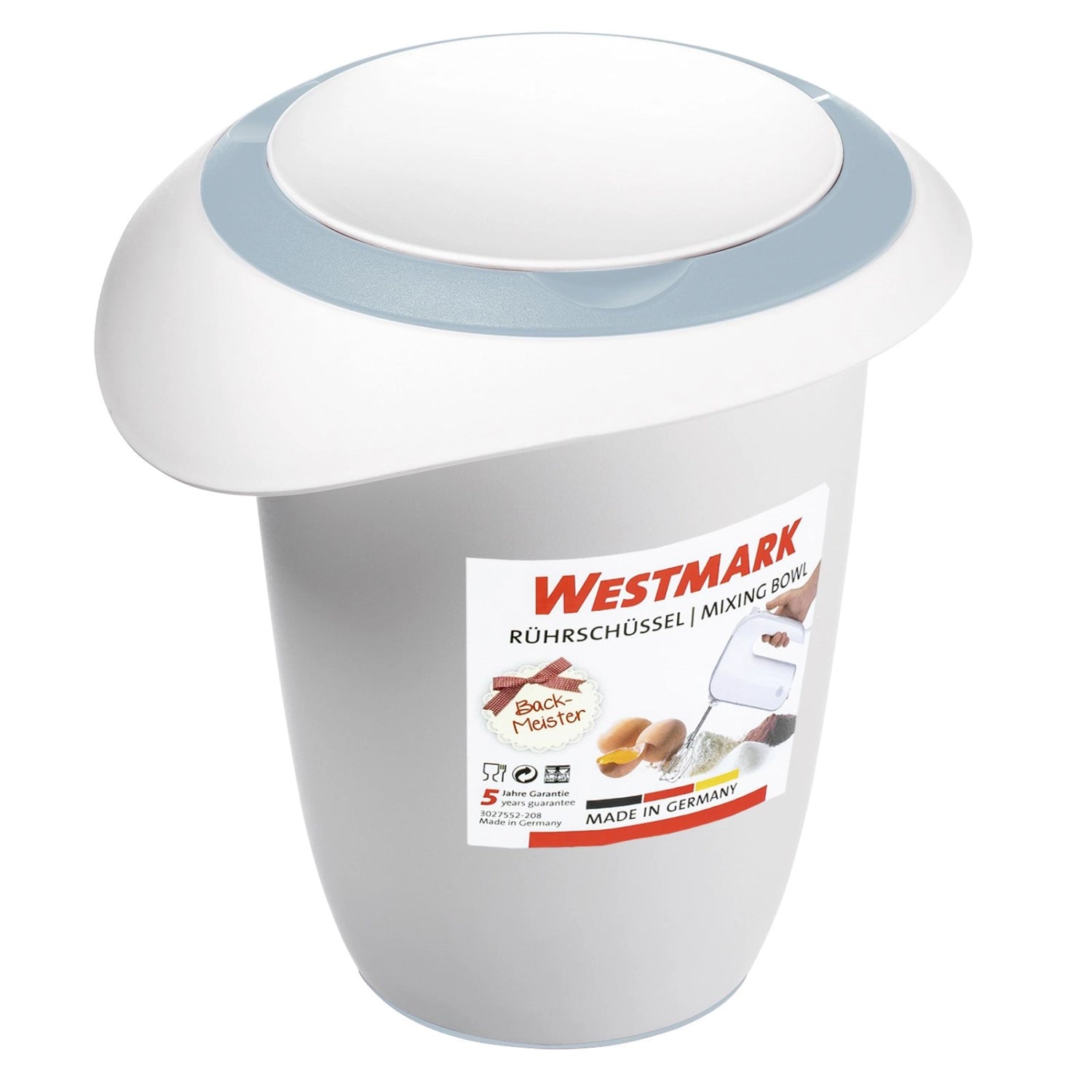 Blauer Quirltopf mit Spritzschutz von Westmark, ideal für müheloses Mixen und Rühren in der Küche, 1 Liter Fassungsvermögen.