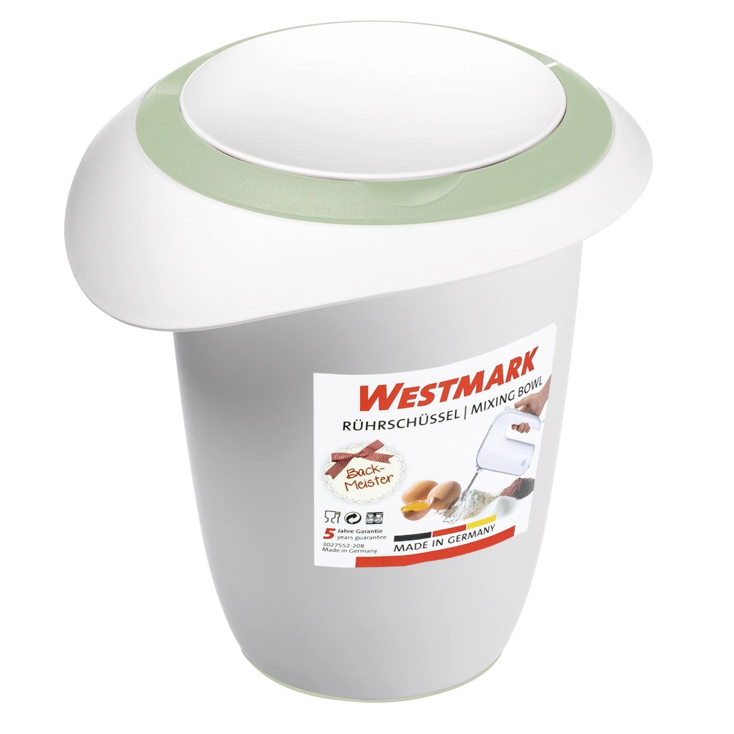 Praktischer Quirltopf in frischem Mintgrün mit Spritzschutz von Westmark, ideal für sauberes Mixen und Zubereiten in der Küche.