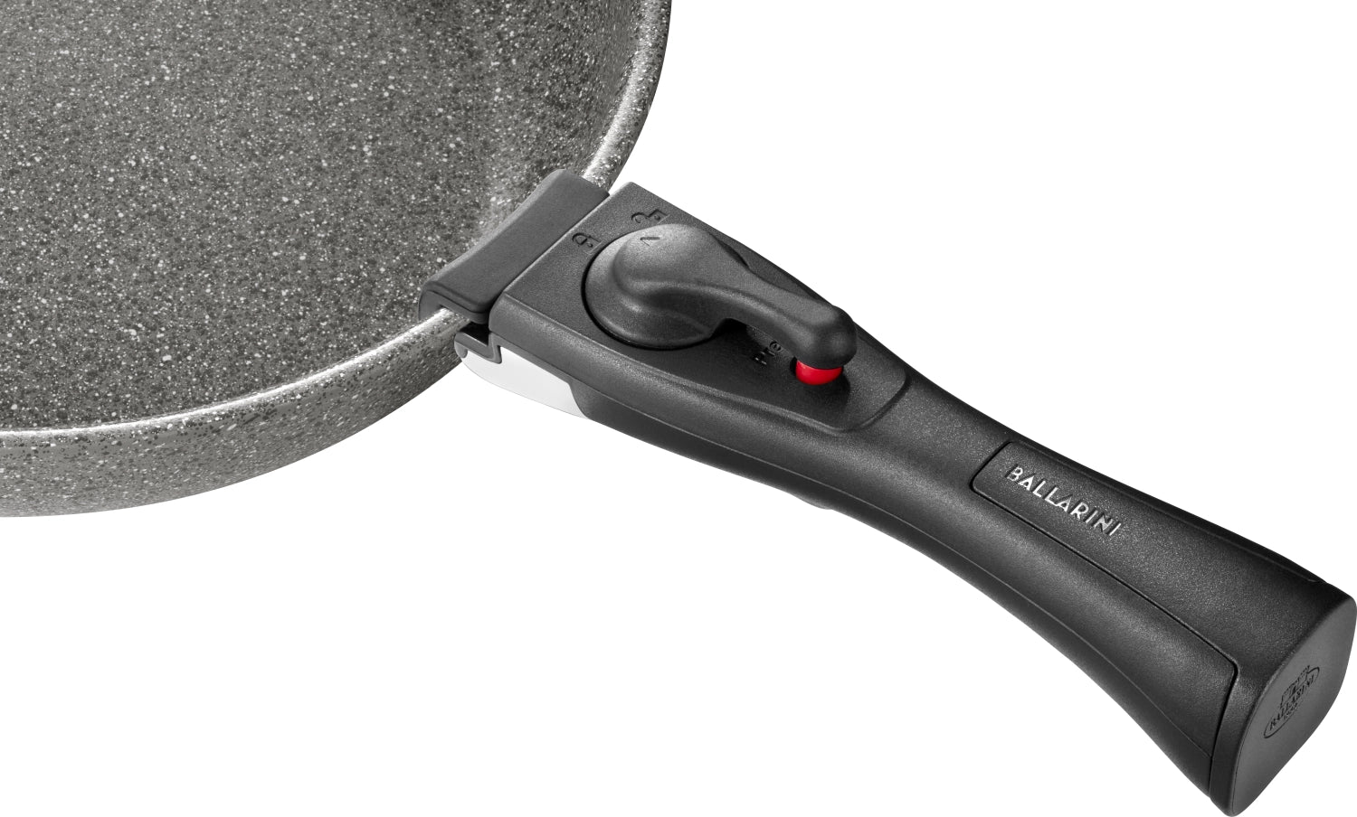 Praktischer abnehmbarer Griff für das Torre Kochbesteck von Ballarini, ideal für flexibles Kochen und einfache Aufbewahrung.