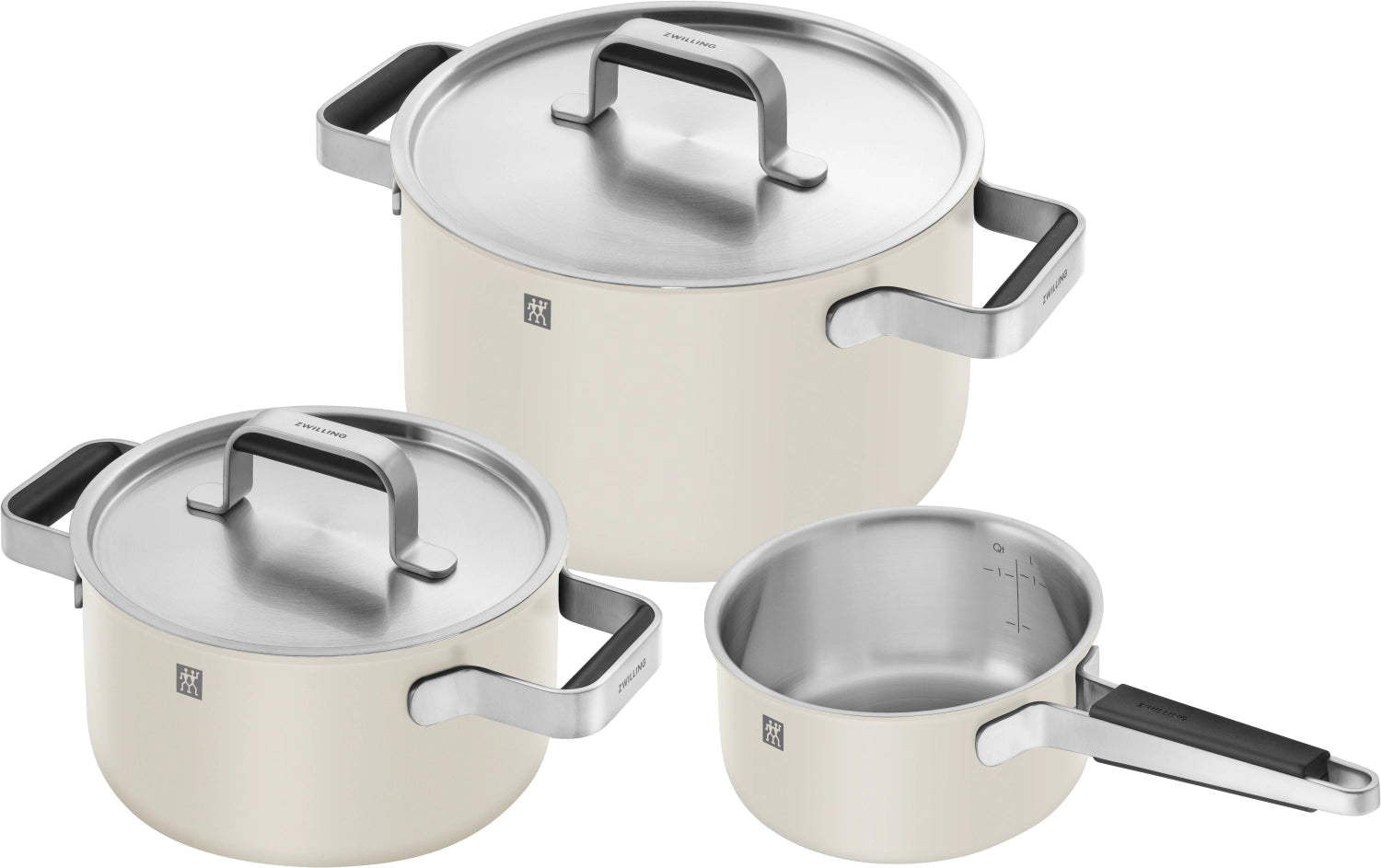 Hochwertiges 3-teiliges Kochgeschirrset in Elfenbeinweiß von Zwilling, ideal für stilvolles Kochen und ansprechende Küchendekoration.