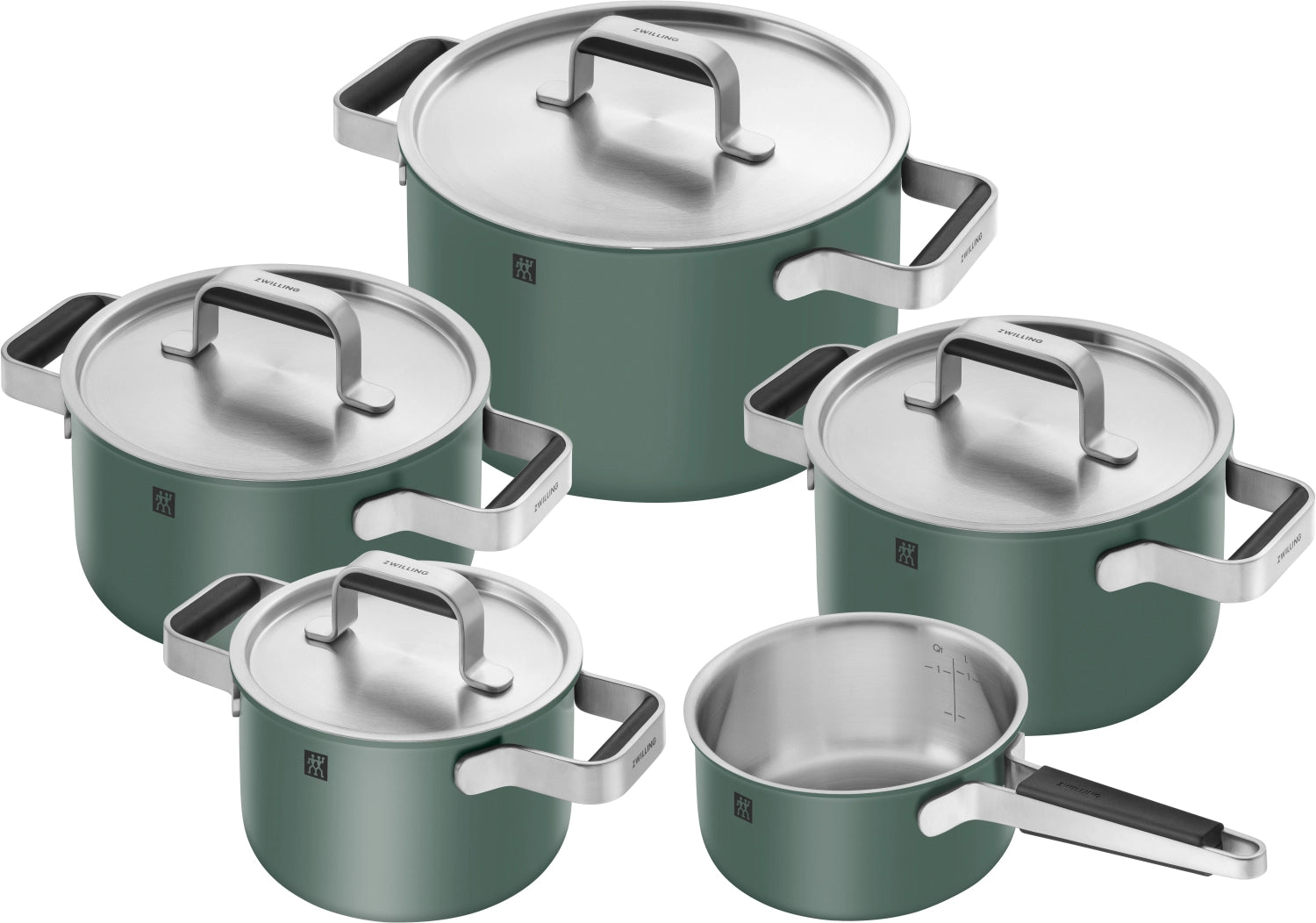 Modernes 5-teiliges Kochgeschirrset in frischem Grün von Zwilling, perfekt für gesundes Kochen und ansprechende Küchendesigns.