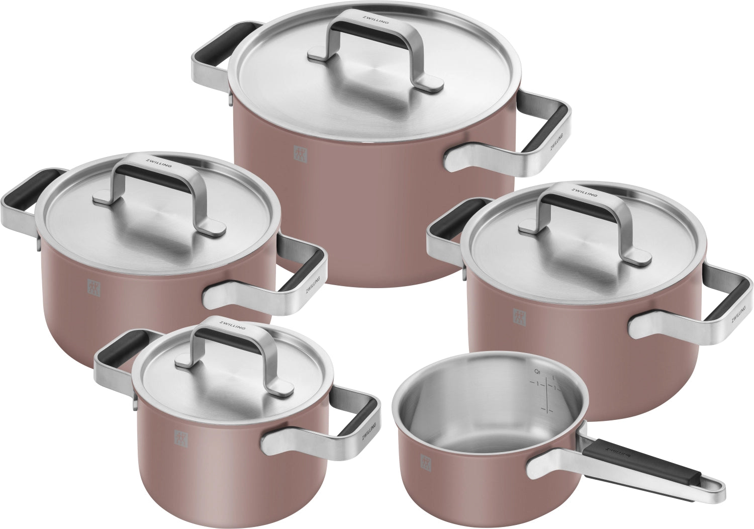 Elegantes 5-teiliges Kochgeschirrset in zartem Rosa von Zwilling, ideal für stilvolles Kochen und kreative Küchenabenteuer.