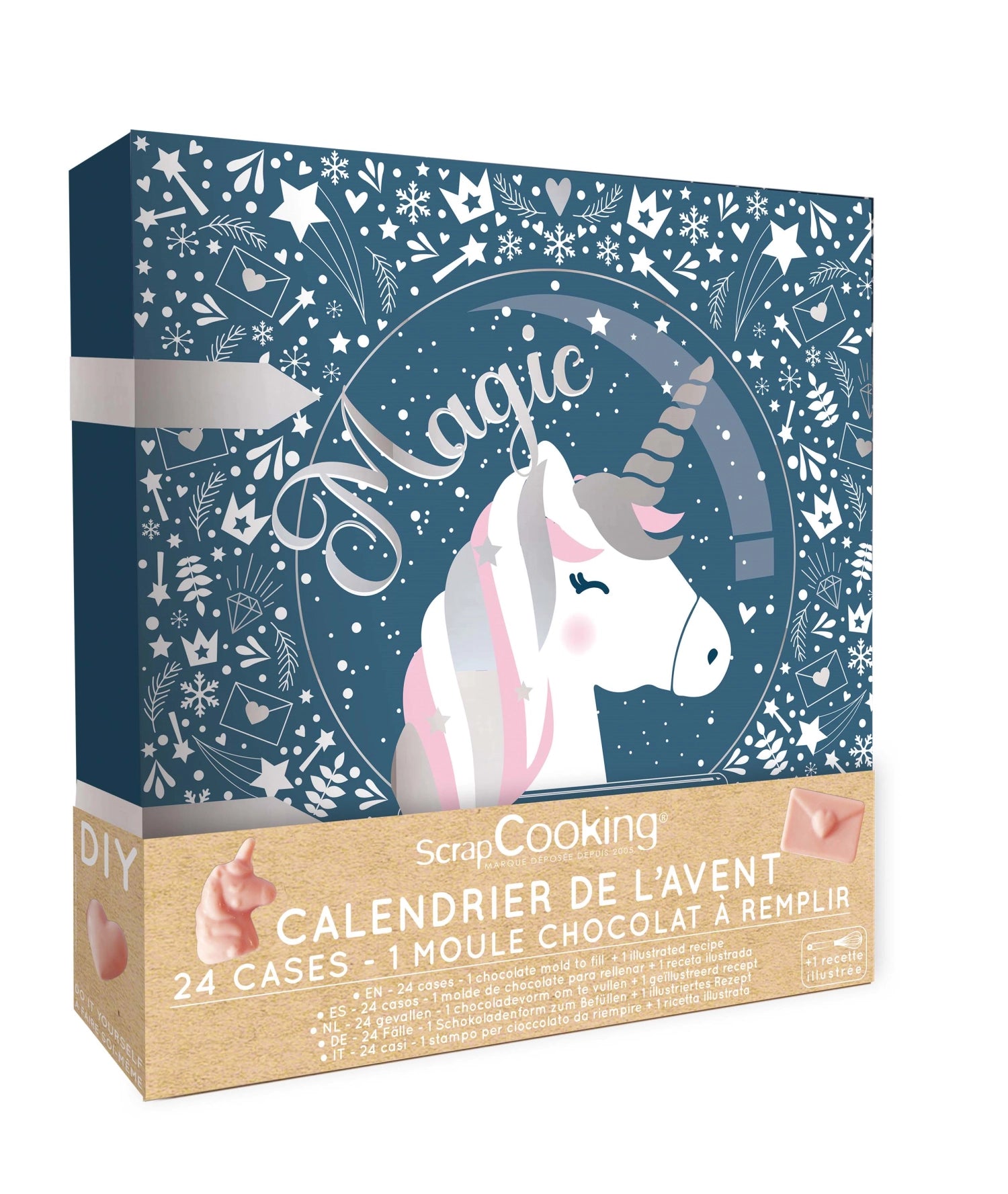 Adventskalender mit Schokogiessformen in Einhorn-Design von Scrap Cooking, perfekt für kreative Backprojekte in der Vorweihnachtszeit.