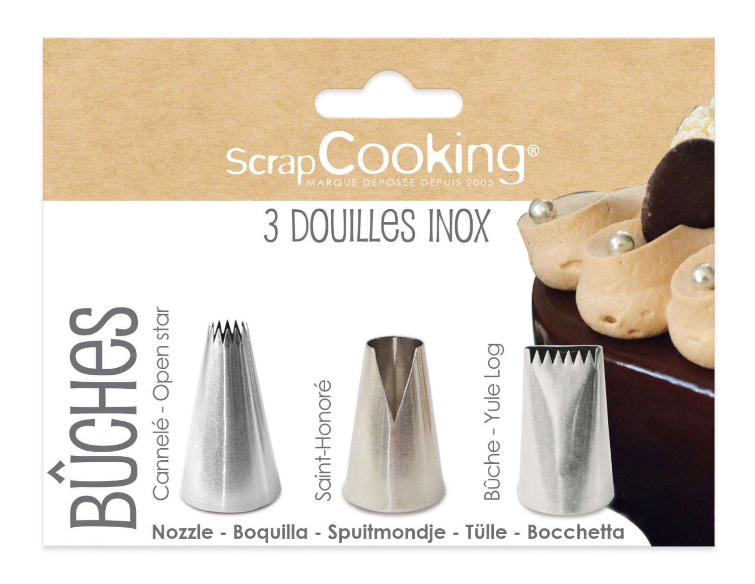 Hochwertiges 3er Set Edelstahl-Spritztüllen für kreative Tortendekorationen, ideal für Bûche und andere Backprojekte von Scrap Cooking.