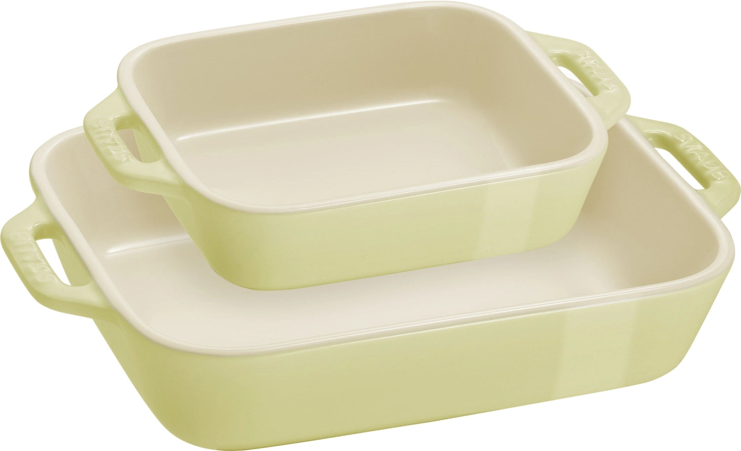 Elegantes 2-teiliges Keramik-Ofenformset in zartem Hellgrün, perfekt für Aufläufe und Backgerichte, Größen: 20x16 cm und 27x20 cm.