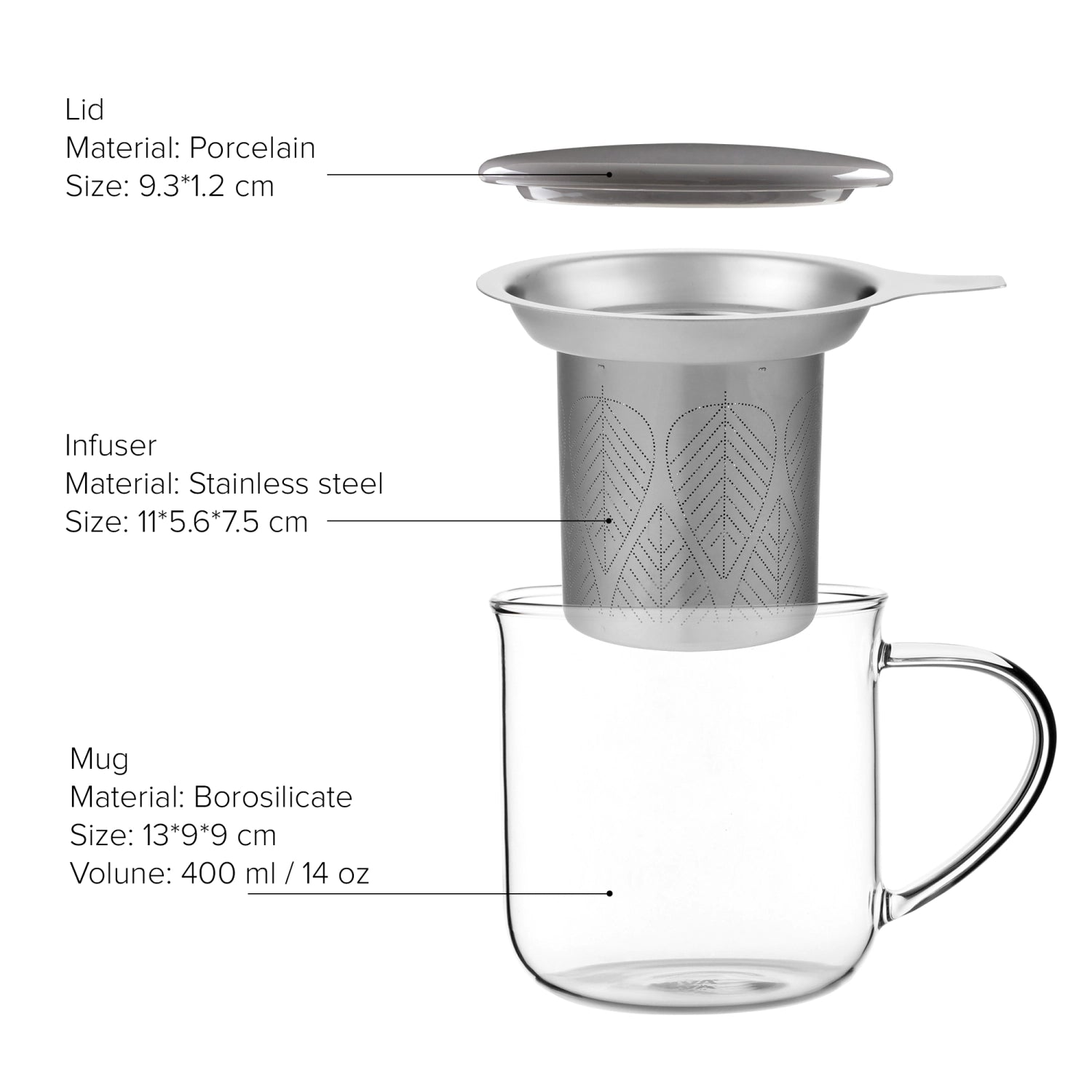 Elegante Teetasse aus grauem Borosilikatglas mit 400ml, ausgestattet mit einem praktischen Infuser für köstlichen Tee.