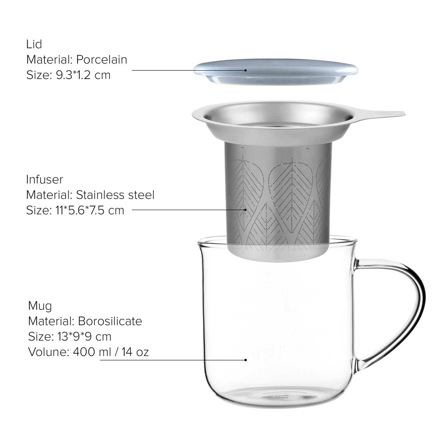 Elegante Teetasse Minima Eva in sanftem Hellblau, 400ml, aus hochwertigem Borosilikatglas, inklusive Infuser für perfekten Teegenuss.