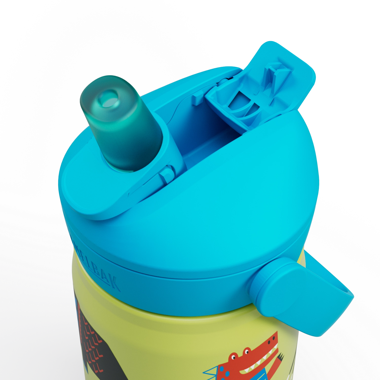 Verspielte Camelbak Trinkflasche "Thrive Flip Straw Kids VSS 0.35l" im Dino-Design, ideal für kleine Abenteurer und den täglichen Gebrauch.