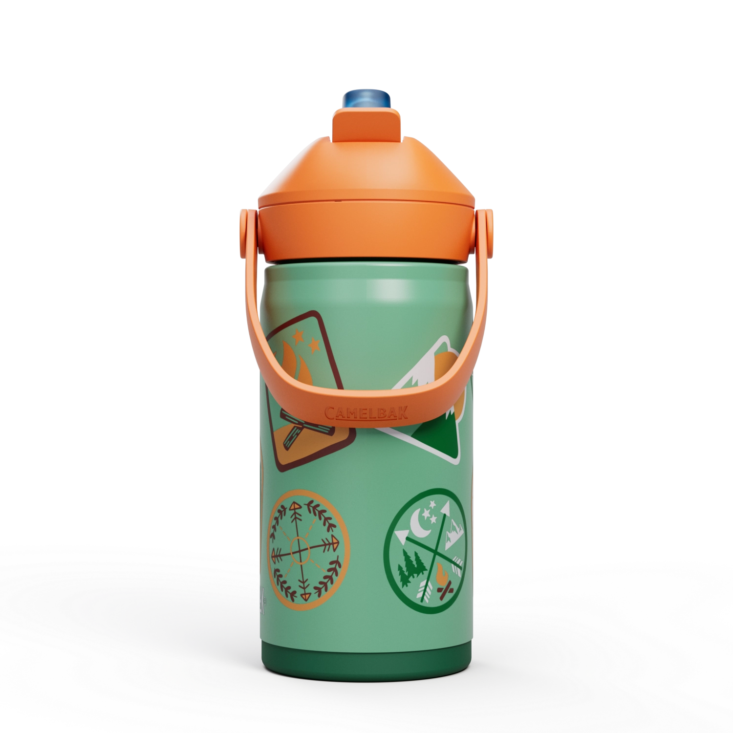 Bunte Camelbak Trinkflasche Thrive Flip Straw Kids VSS 0.35l mit Camp-Abzeichen, ideal für Kinder und Outdoor-Aktivitäten.