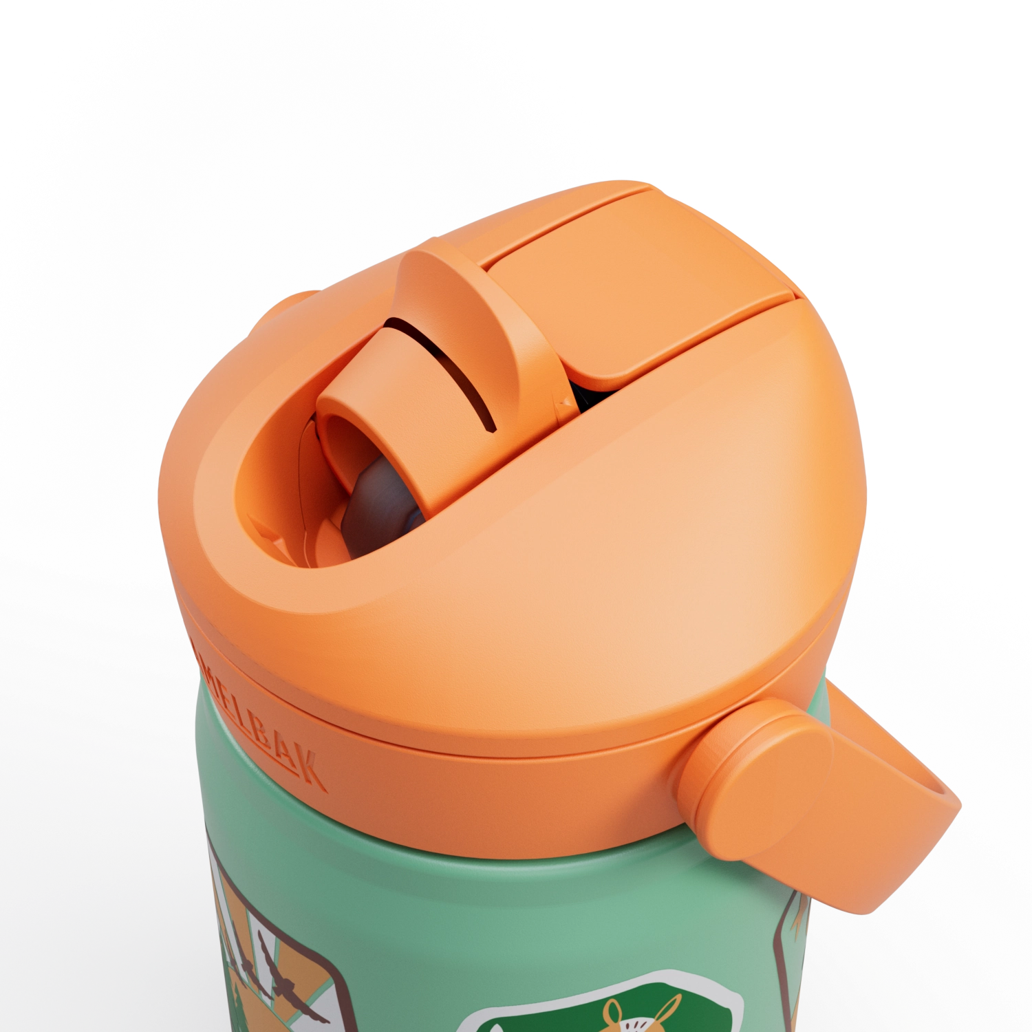 Bunte Camelbak Trinkflasche Thrive Flip Straw Kids VSS 0.35l mit lustigen Camp-Abzeichen, ideal für abenteuerlustige Kinder und Outdoor-Aktivitäten.