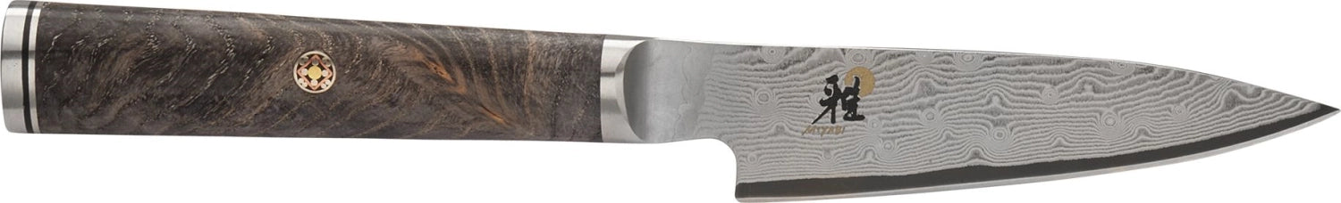 Elegantes 9 cm Damastmesser von Miyabi, aus 5000 MCD Stahl, ideal für präzise Schnitte und stilvolles Kochen in der modernen Küche.