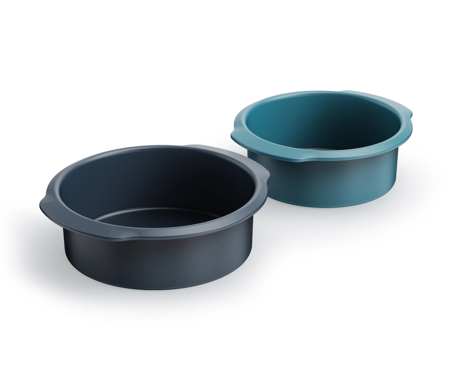 Zwei runde Backformen von Joseph Joseph in 20 und 23 cm, ideal für vielseitige Backprojekte und platzsparende Aufbewahrung.