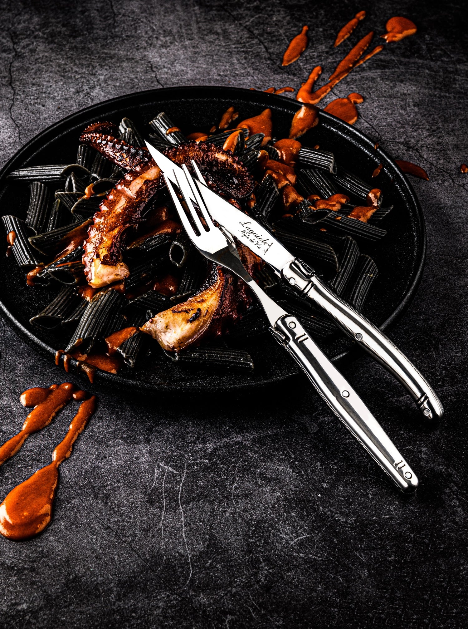 Hochwertiges Laguiole Steakmesser aus 1.8mm rostfreiem Stahl, perfekt für feine Steaks und elegante Tischdekoration.