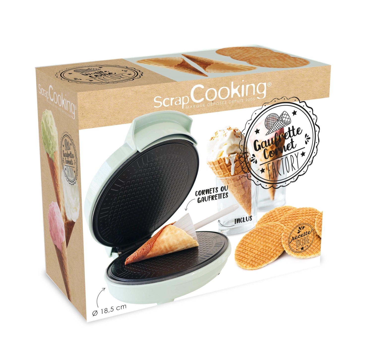 Innovatives Küchengerät von Scrap Cooking zum Backen von Waffeln und Cornets für leckere, selbstgemachte Süßspeisen.