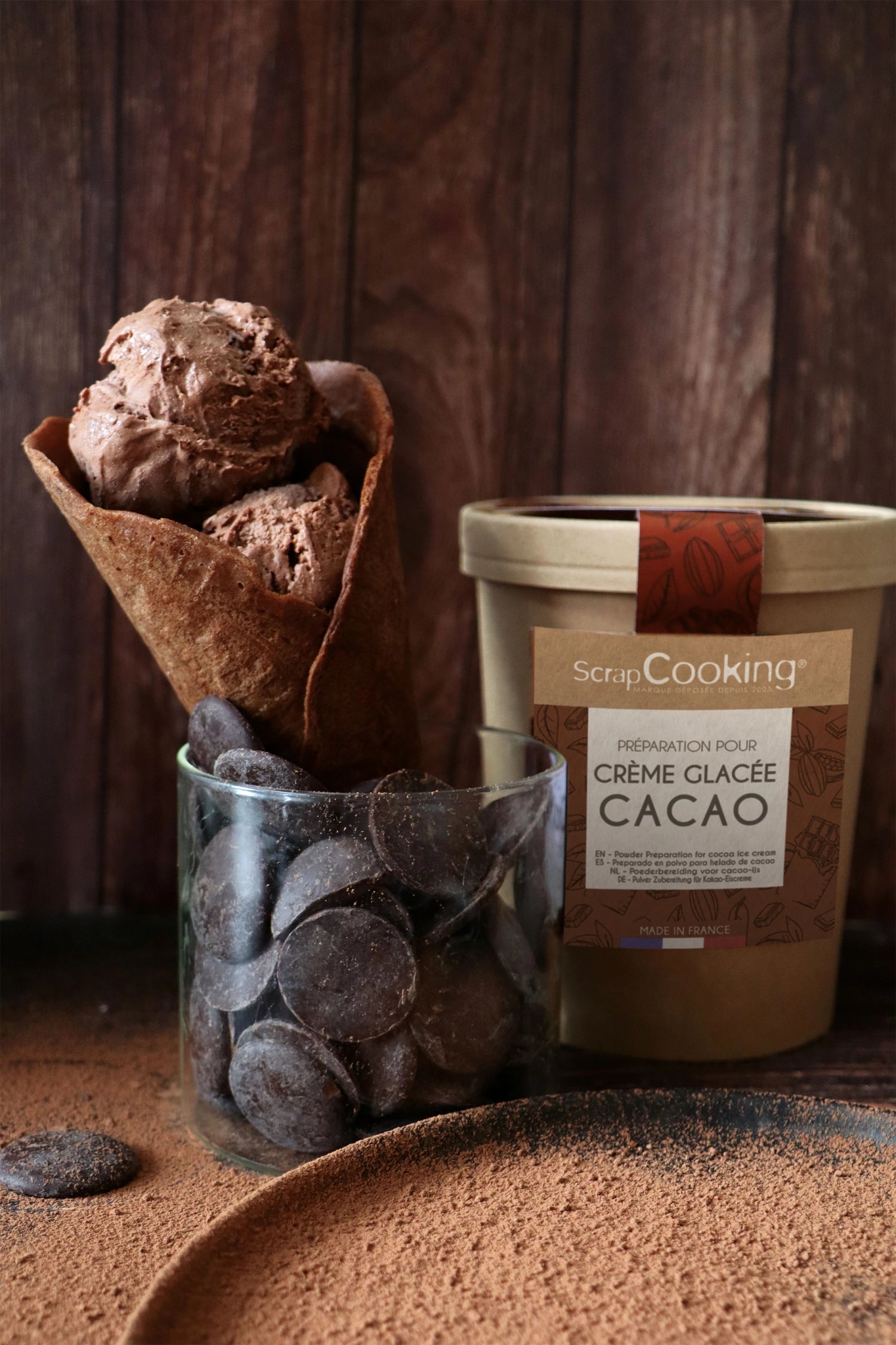 Schokoladen Eiscreme Fertigmischung von Scrap Cooking, 185g – ideal für die Zubereitung von schokoladigem Eisgenuss zu Hause.