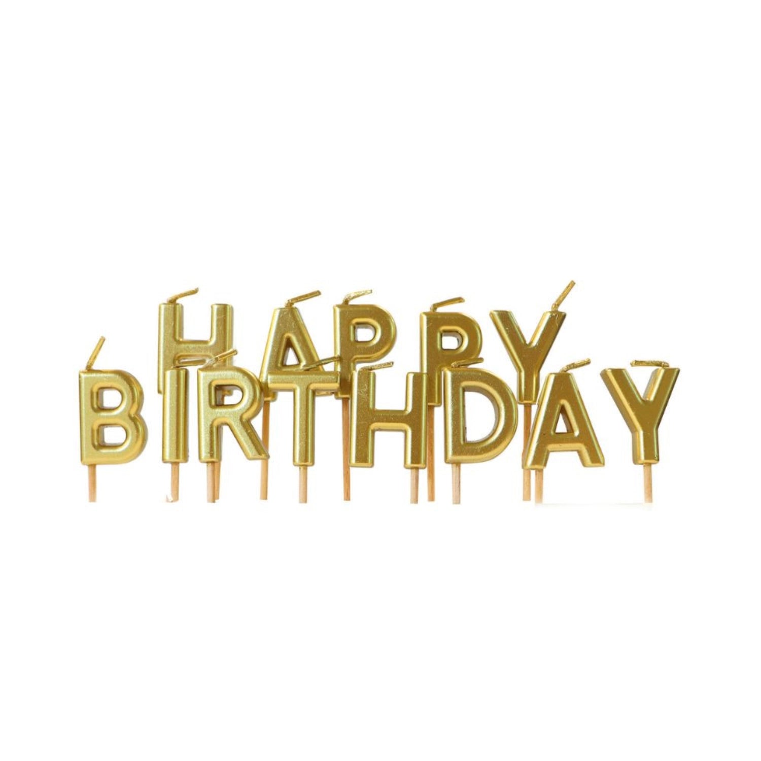 Schimmernde goldene Geburtstagskerzen mit dem Schriftzug "Happy Birthday", perfekt für festliche Anlässe und kreative Tortendekoration.