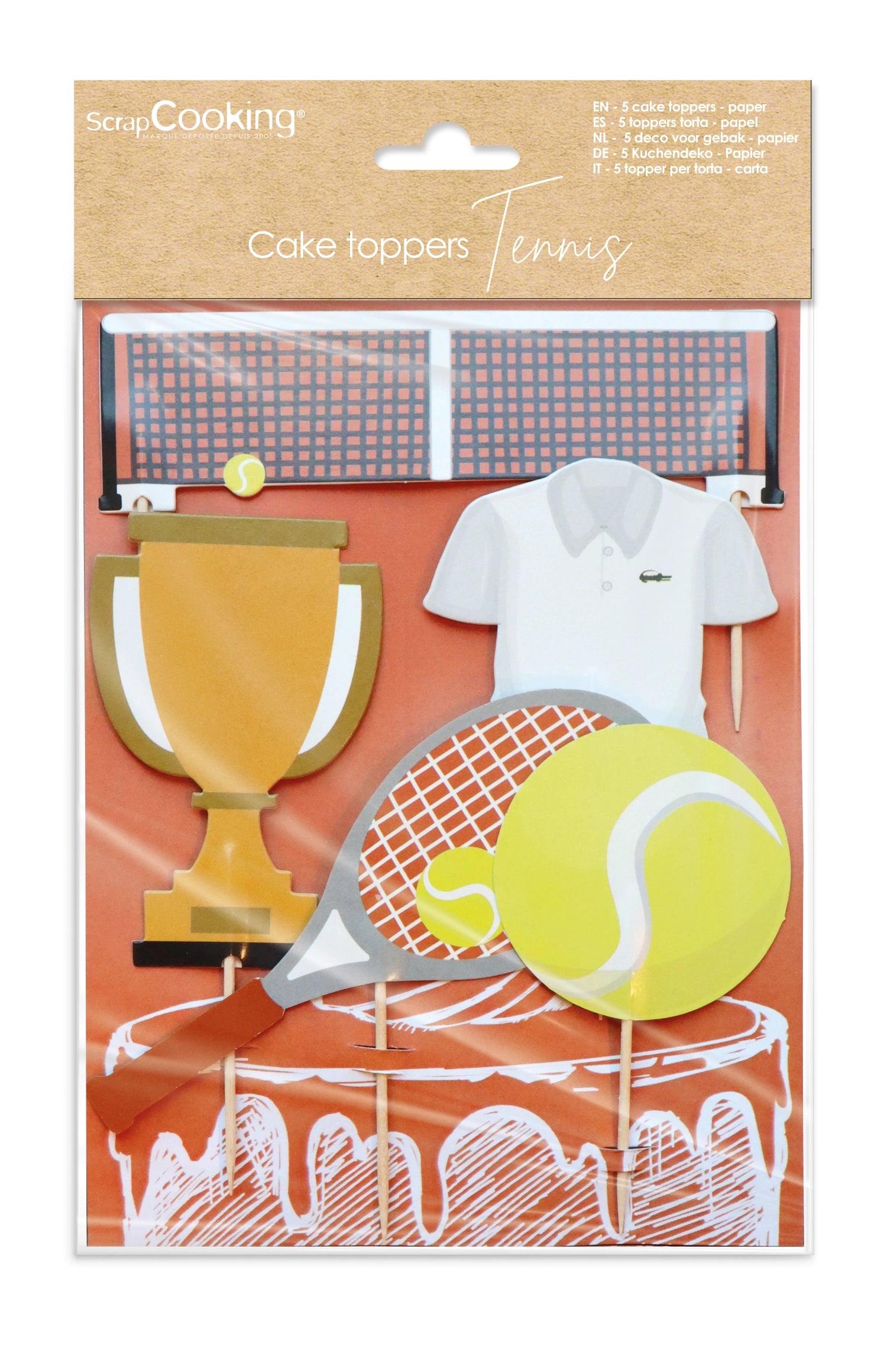 Fünf kreative Tennis-Motiv-Dekorationen aus Papier für Kuchen, ideal für Sportfans und besondere Anlässe in der Küche.