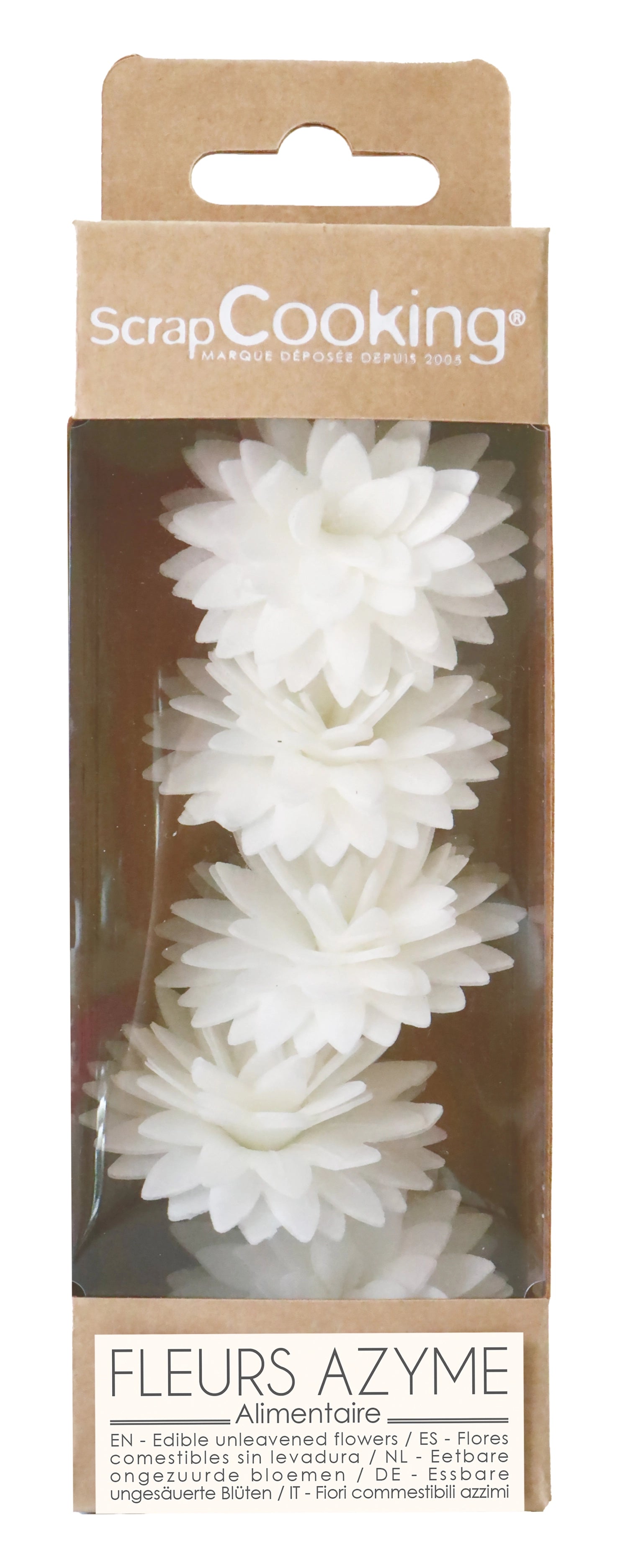 Elegantes 5er Set weißer Dahlien aus Esspapier von Scrap Cooking, ideal für die kreative Verzierung von Desserts und Backwaren.