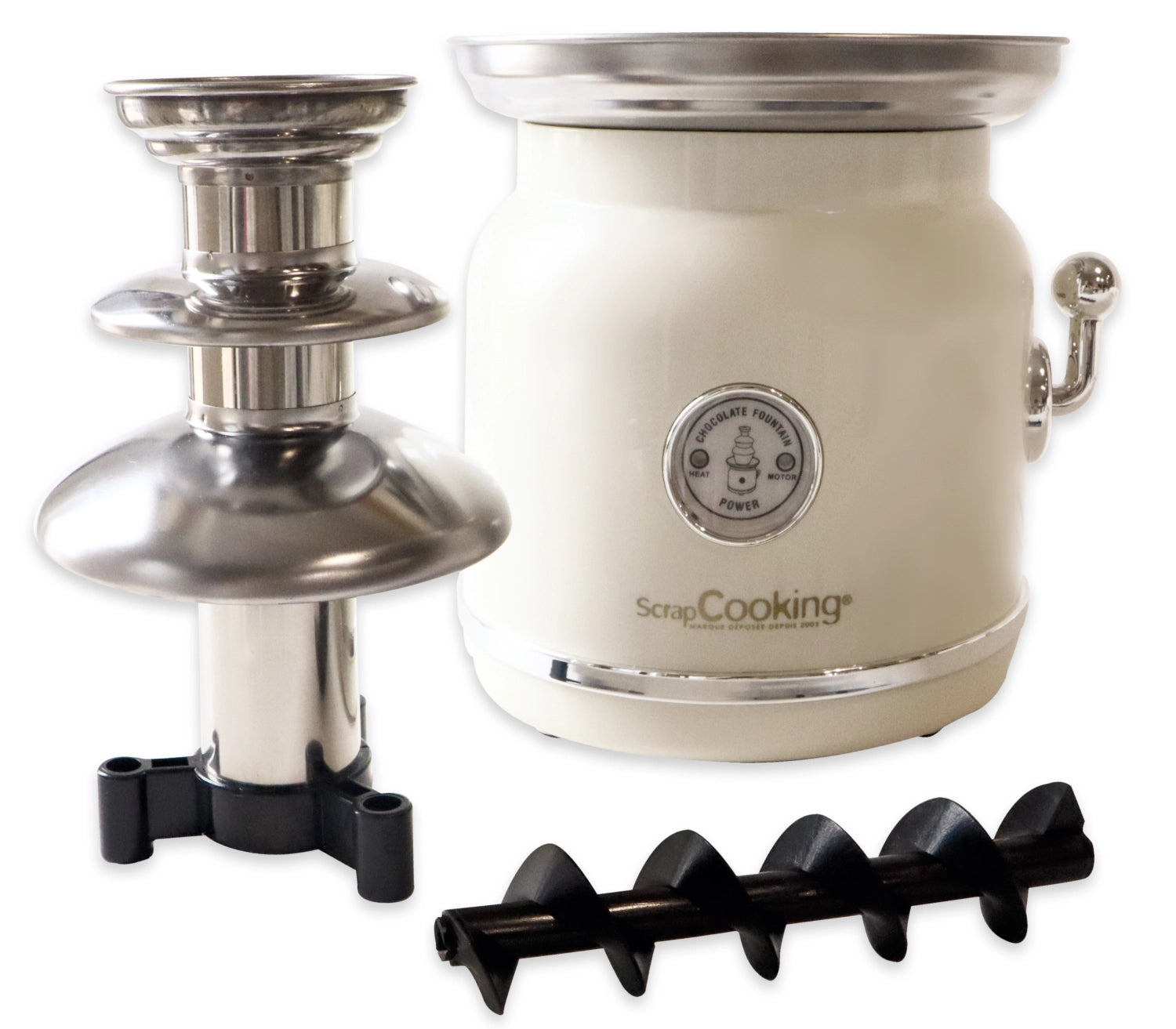 Schokoladenbrunnen von Scrap Cooking in stilvollem Weiß, ideal für Partys und Feiern. Genießen Sie flüssige Schokolade für fruchtige Dips!
